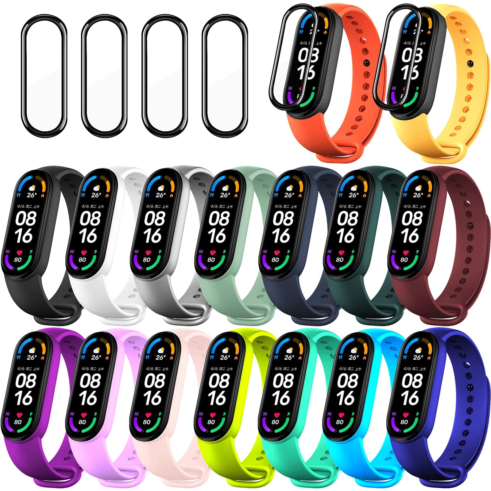 20 Pieces Strap Replacement Compatible with Xiaomi Mi Band 6 / Amazfit Band 5, Bracelet Wristbands Silicone for Mi Fit 5 Straps (16 Colors + 4 Screen Protector)