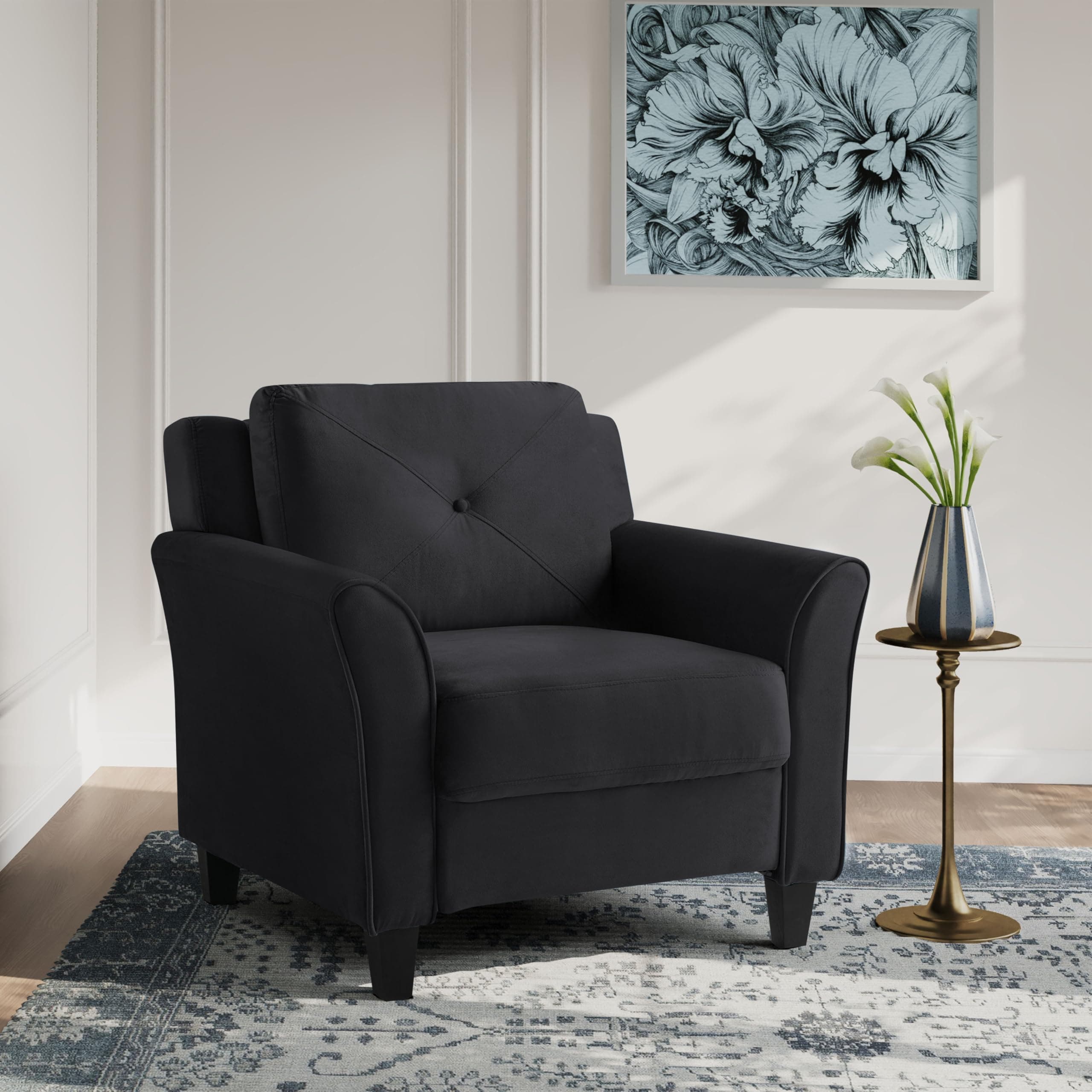 Studio Living Harrington 35.4" Arm Chair, Transitional Modern, Pocket Coil Comfort, Easy Assembly, Microfiber Fabric, Black