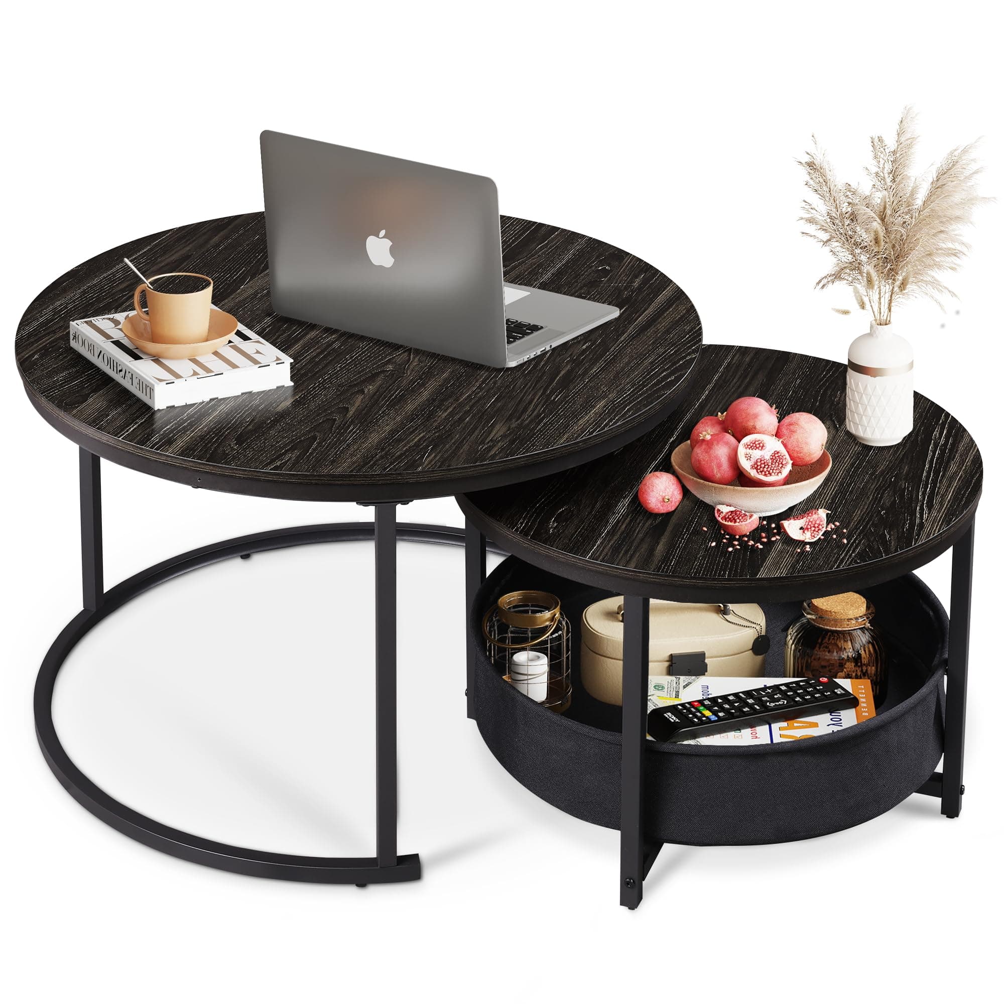 WLIVE Coffee Table Set of 2, 32in Round Nesting Table for Living Room,Small Circle Table with Storage for Small Space,Metal Frame and Fabric Basket, Home Office Bedroom,Black.