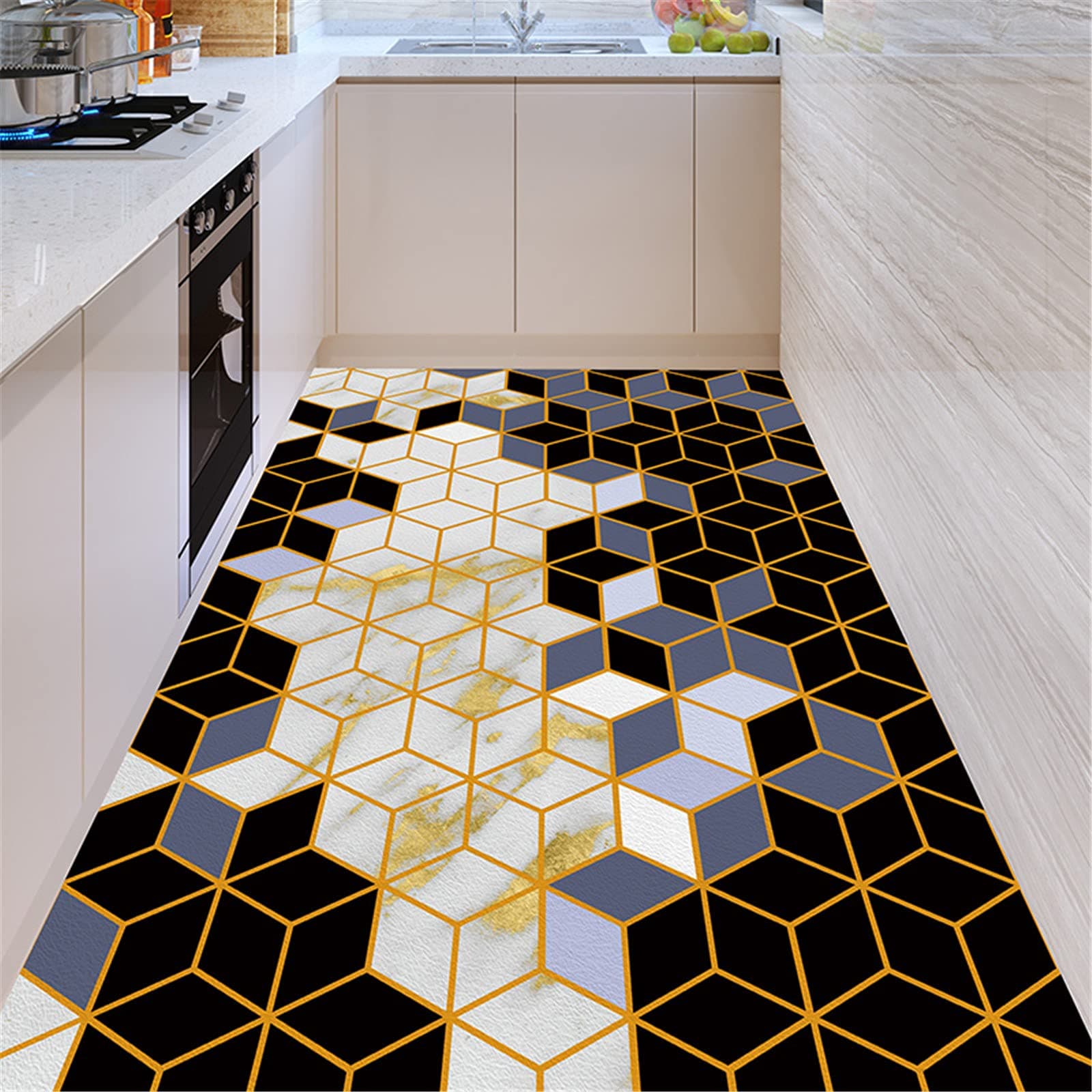 Modern Kitchen Rugs, Geometric Patterns Non Slip Leather Floor Mats, PVC Waterproof Outdoor Carpet, for Home Bedroom Living Room Bath Area Rugs, Customizable,60x240cm