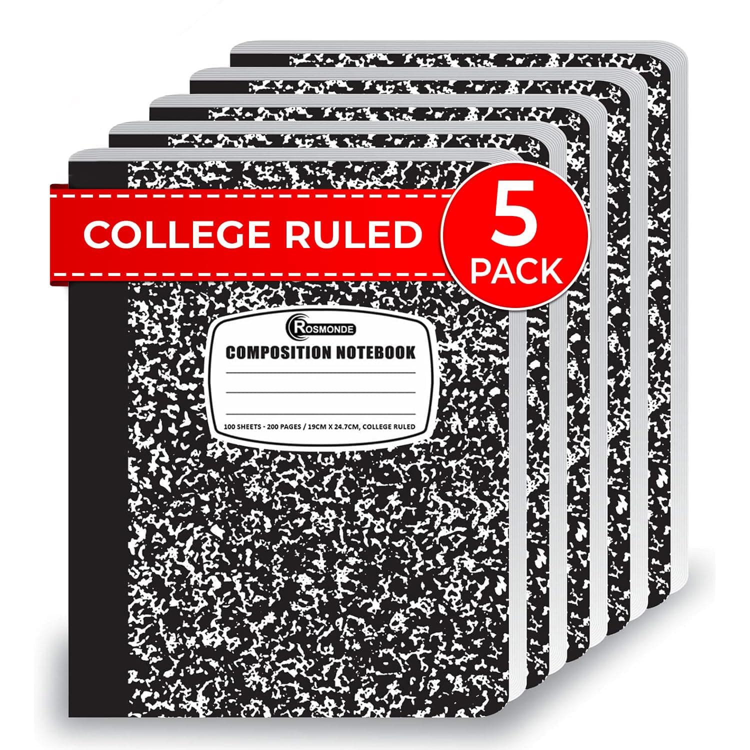 College Ruled Composition Notebooks 5 Pack, 200 Pages (100 Sheets), 9-3/4" x 7-1/2", White & Black Marble Composition Book, Hard Cover, Sturdy Sewn Binding, School, College & Office Supplies