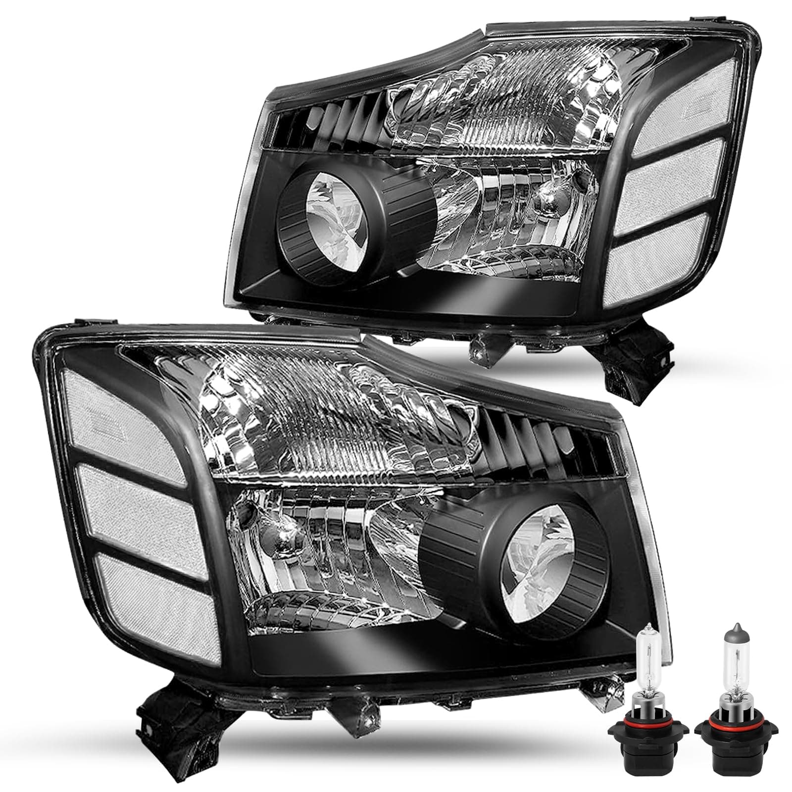 JSBOYAT Headlight Assembly Compatible with 2004-2015 Titan / 05-07 Armada OEM Replacement Headlamp Bulbs Included Passenger and Driver Side Black Housing with Clear Reflector