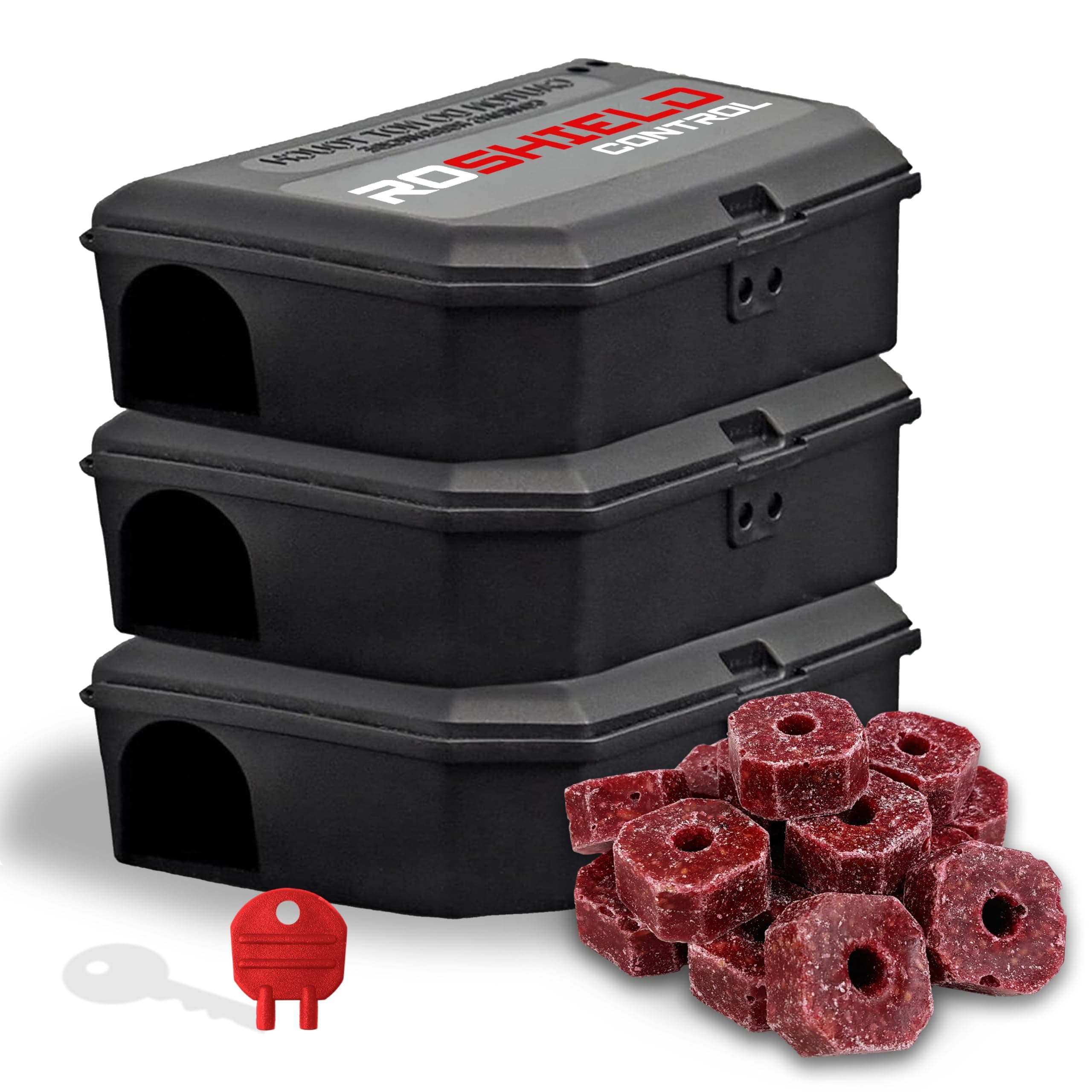ROSHIELD - 3 PACK Mouse Poisoning Bait Box Kit | Single Feed Mice Killer | indoor/Outdoor Fast & Safe Infestation Control | READY -TO USE, Super Strength Brodifacoum Mice killer