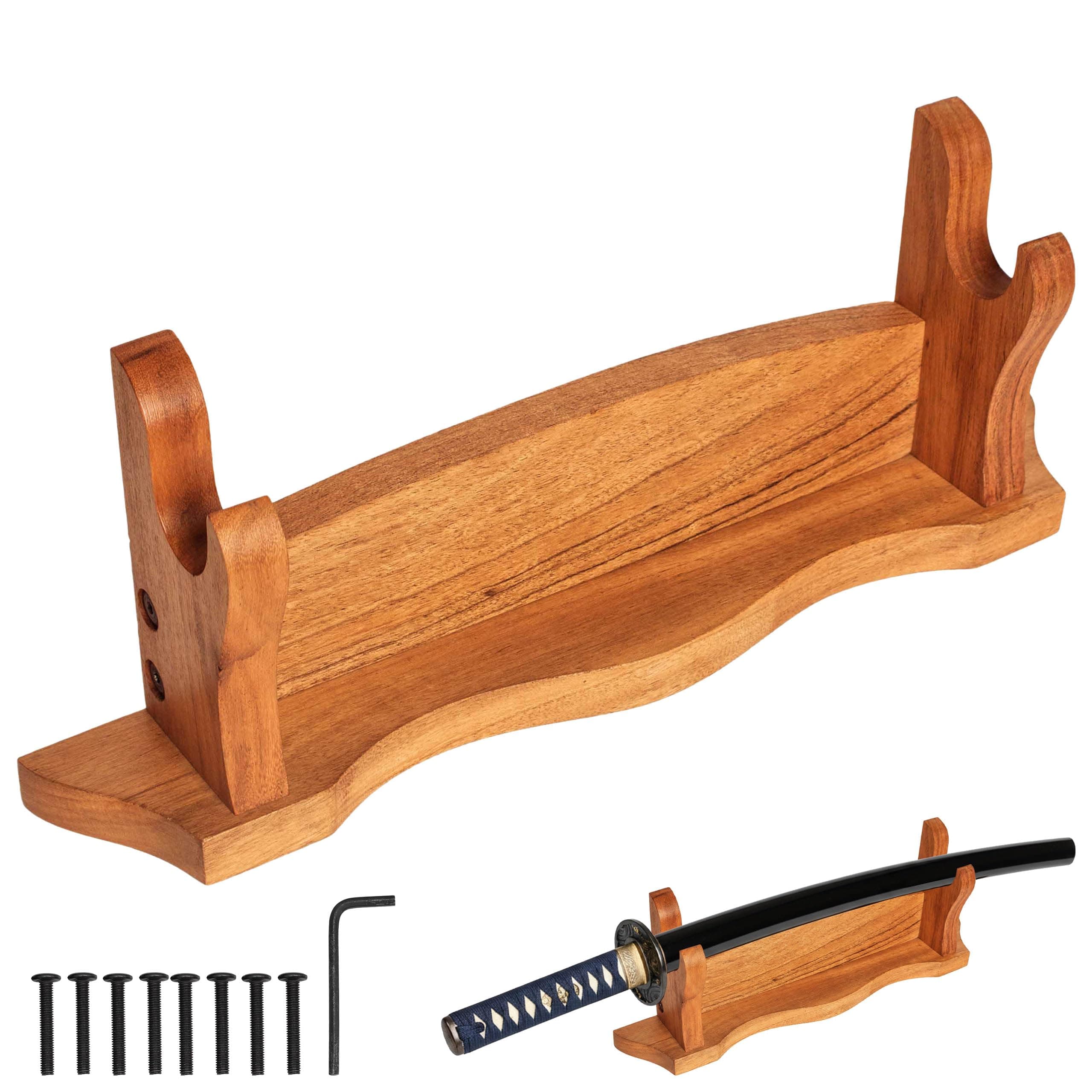 Mythrojan Medieval Sword Stand Solid Wood Horizontal Display Rack for Katana, Samurai, Gladiator, Crusader Swords Elegant Tabletop Holder, 1-Tier