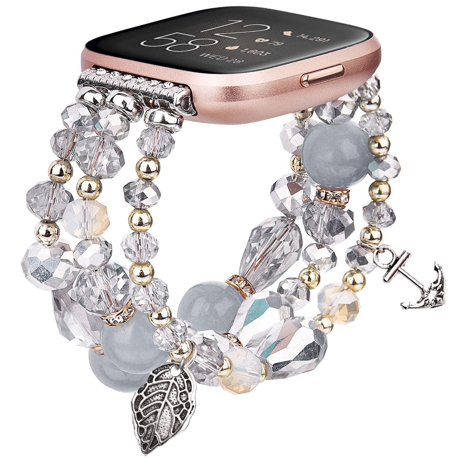 Bracelet Compatible for Fitbit Versa Bands Versa 2 Bands/Versa Lite Band/Versa SE Bands Women, Handmade Fashion Elastic Beaded Strap Replacement for Versa 2018,2019 All Mode (Grey-Silver)