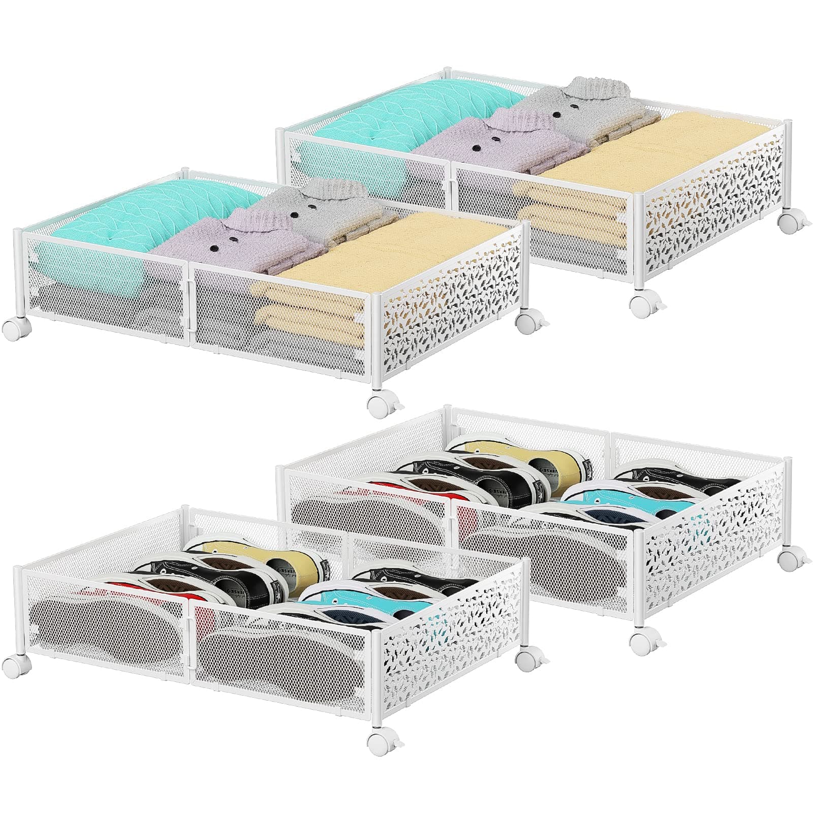 PHINOX Under Bed Storage, Under the Bed Storage Containers with Wheels, Under Bed Shoe Storage Organizer Drawer for Bedroom Clothes Shoes Blankets -4Pack