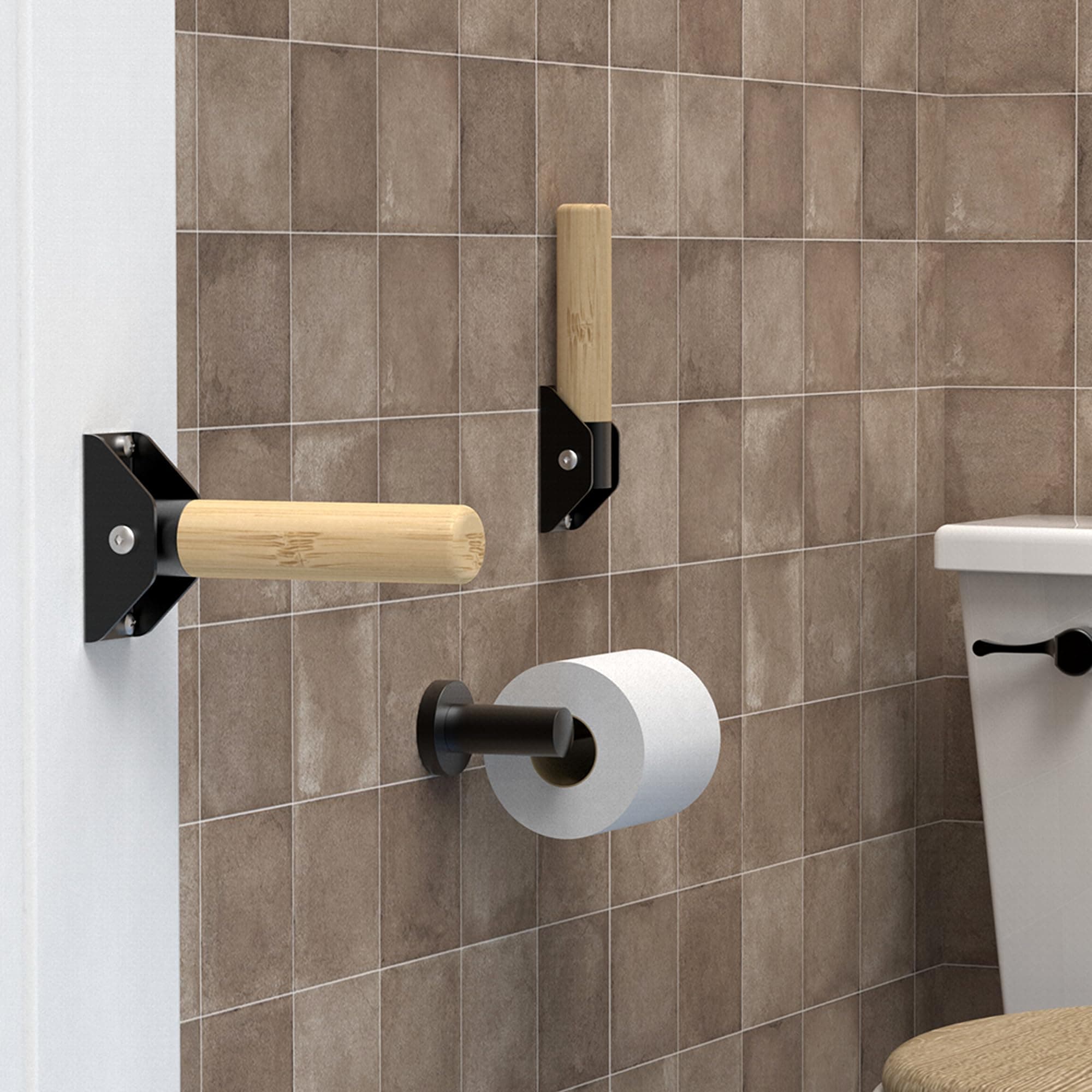 2-Pack Jamb Mount Flip up Bamboo Grab Bar for Stability, Doorway Balance Assist Folding Handle, Mobility Aids for Seniors and Disabled Persons, 300lbs Support, Matte Black