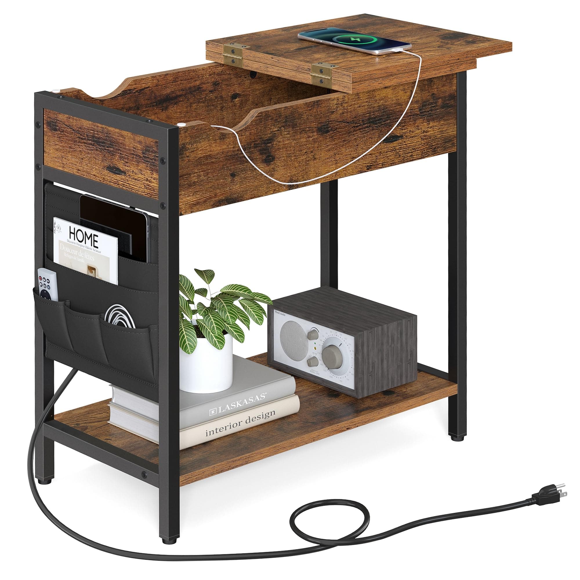 VASAGLE Side Table with Storage, End Table with USB Ports and Outlets, Nightstand with Charging Station, Fabric Bags, for Living Room, Bedroom, Rustic Brown and Black ULET310B01V1
