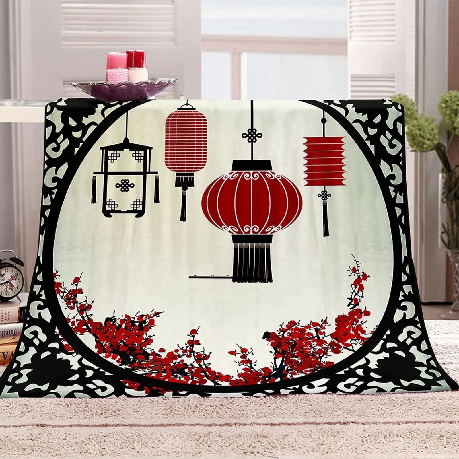 HAIBING Fleece Throw Blankets For Sofas Beds 3D Chinese Red Lantern Twin Size 150x200Cm 100% Fluffy Comfy Thick Flannel Blanket For Adults/Women, Printed Pattern Winter Warm Plush Blanket, Washable