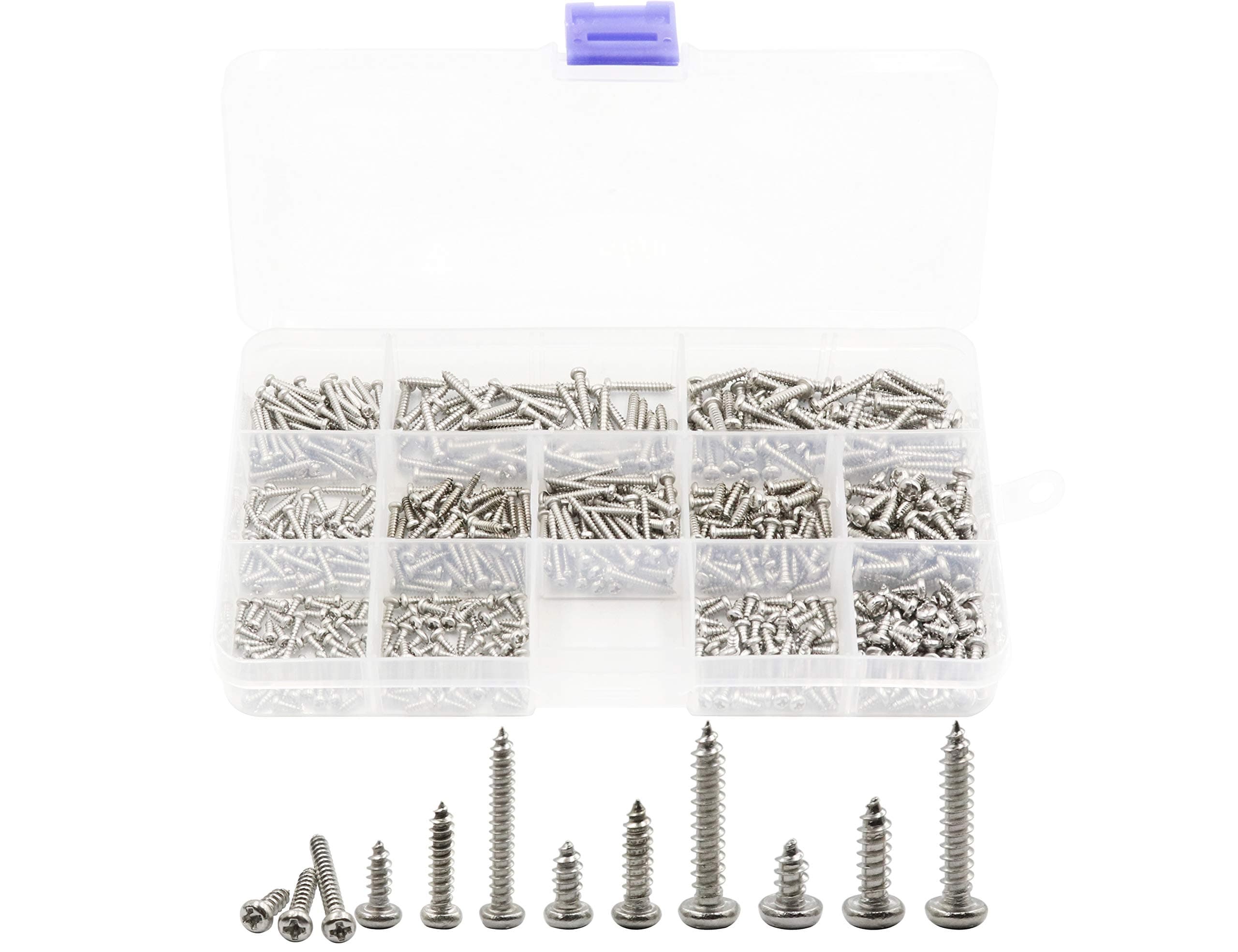 LBY 600pcs M2, M2.2, M2.6, M3 Pan Head Self-Tapping Sheet Metal Screw Assortment Kit, 12 Sizes, 304 Stainless Steel