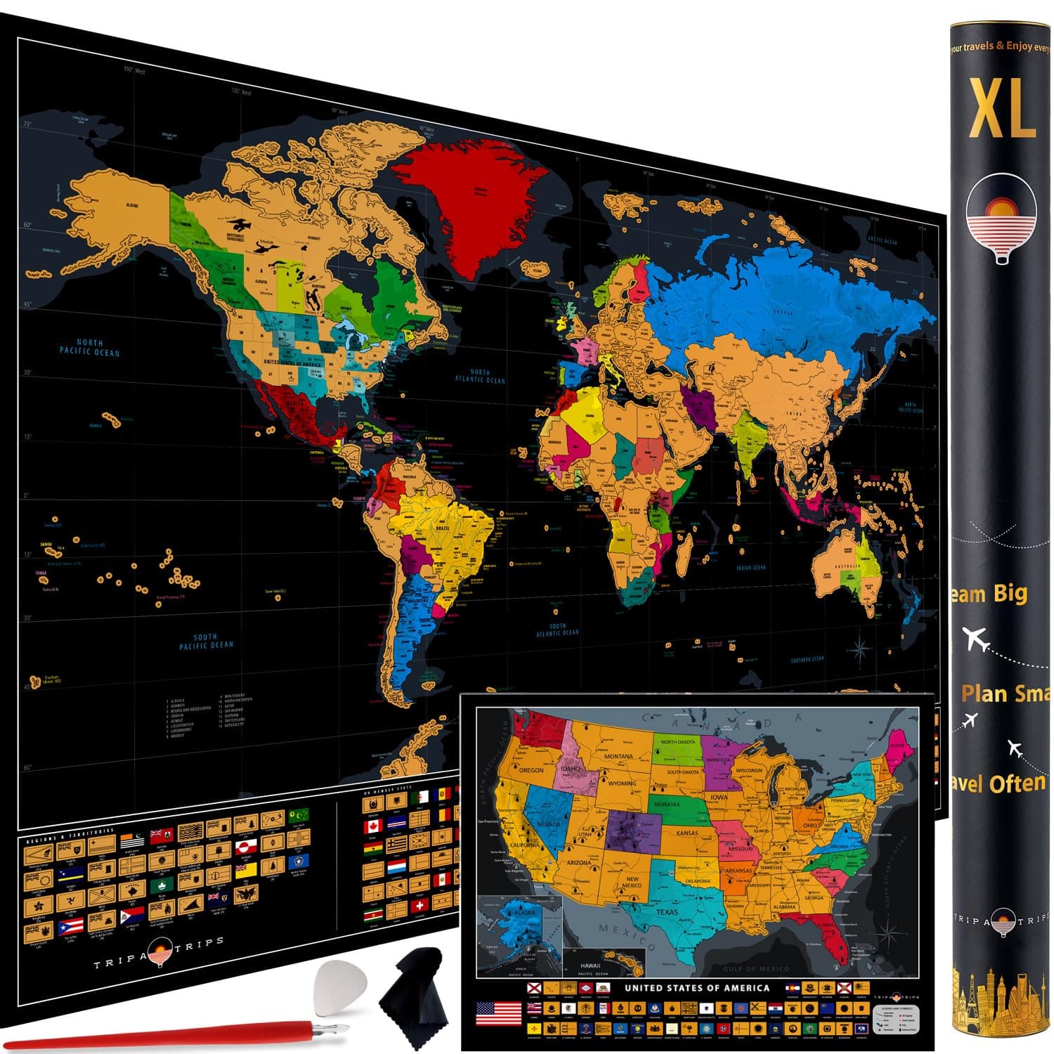 XL Scratch Off World Map - 36 x 24 With 233 Flags + USA Map - Extra Large & Detailed Travel Gift With Accessories