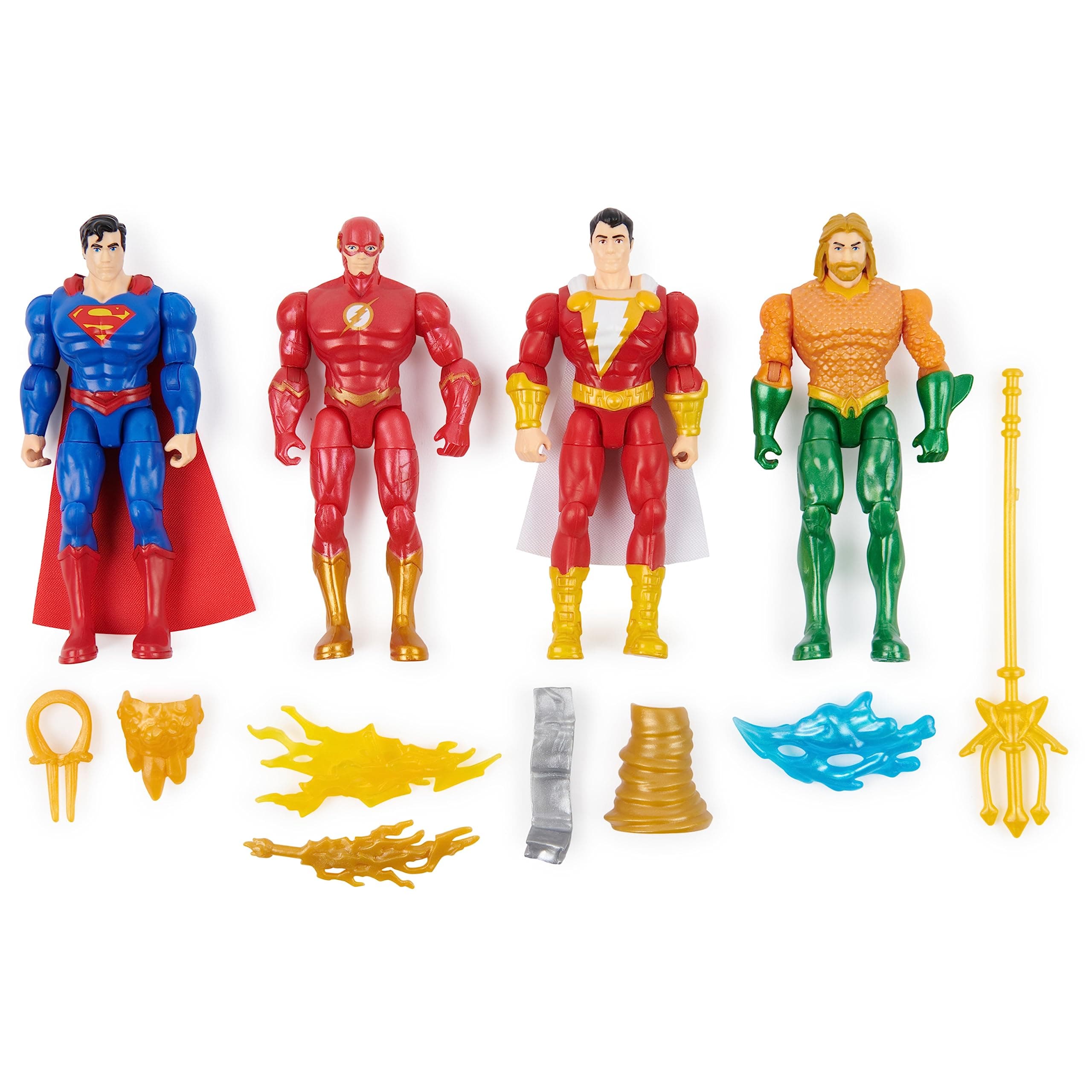 DC Comics Action Figures 4 Pack Superman The Flash Shazam Aquaman 4" Figure Accessories Superhero Kids Toys Boys Girls Ages 3+