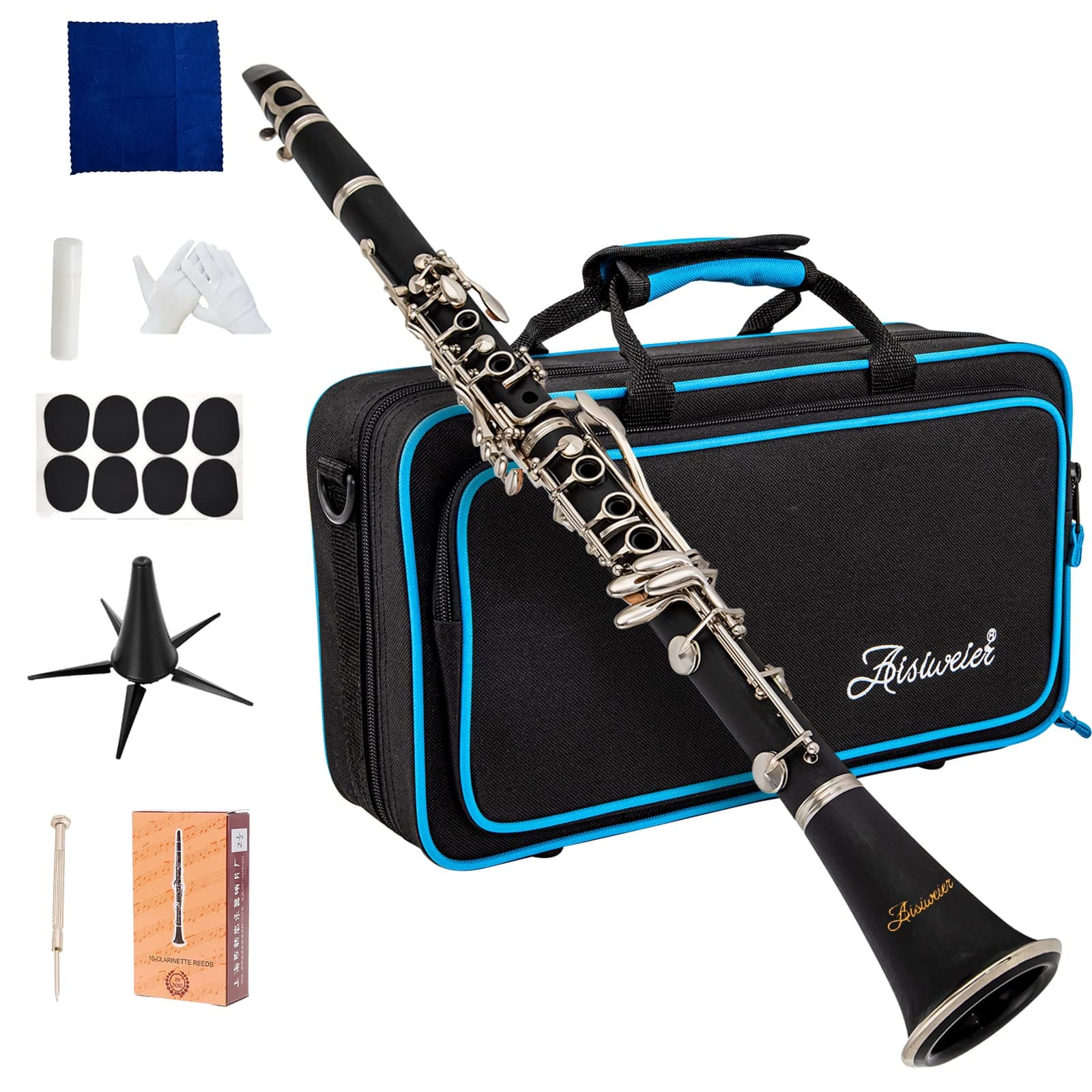 B-Flat Clarinet Black Ebonite Clarinet For Student Beginner, With Nickel-plated Keys,Belt, Joint Grease, White Gloves, Soft Polishing Cloth, 8 Mouthpiece Cushion, Hard clarinets