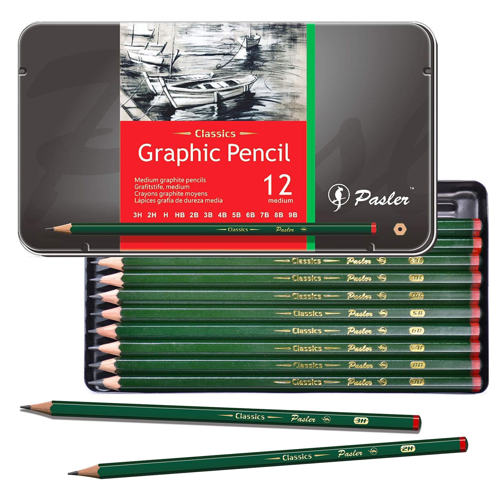 Pasler sketch graphite pencil set spanning 12 degrees (3H, 2H, H, HB, 2B, 3B, 4B, 5B, 6B, 7B, 8B, 9B) pre-sharpened pencils