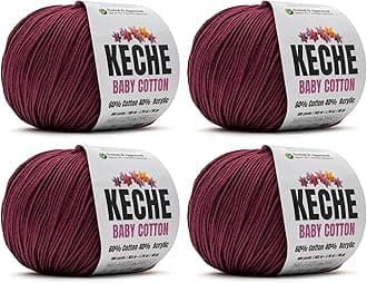 Keche Cotton Yarn, 60% Cotton 40% Acrylic Yarn, Soft Cotton Yarn for Crochet and Knitting, Amigurumi Yarn 4 Skeins/Balls [1.76 Oz (50g) / 180 Yrds (165m)] x 4 - Claret Red