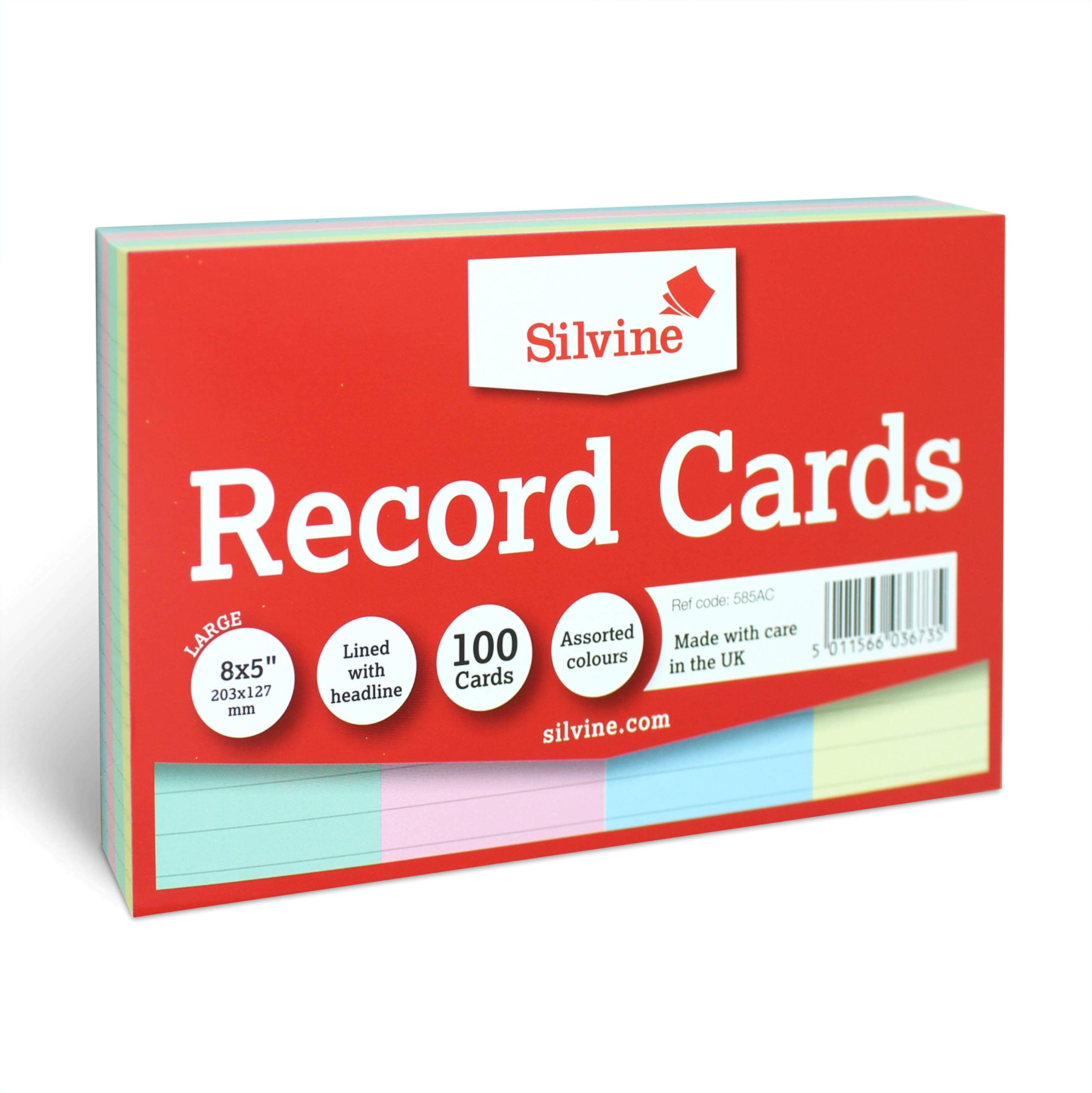 Silvine 8x5 Multi-Coloured Record Cards - Lined with Headline, 100 Cards per Pack. Ref 585AC (203 x 127mm)