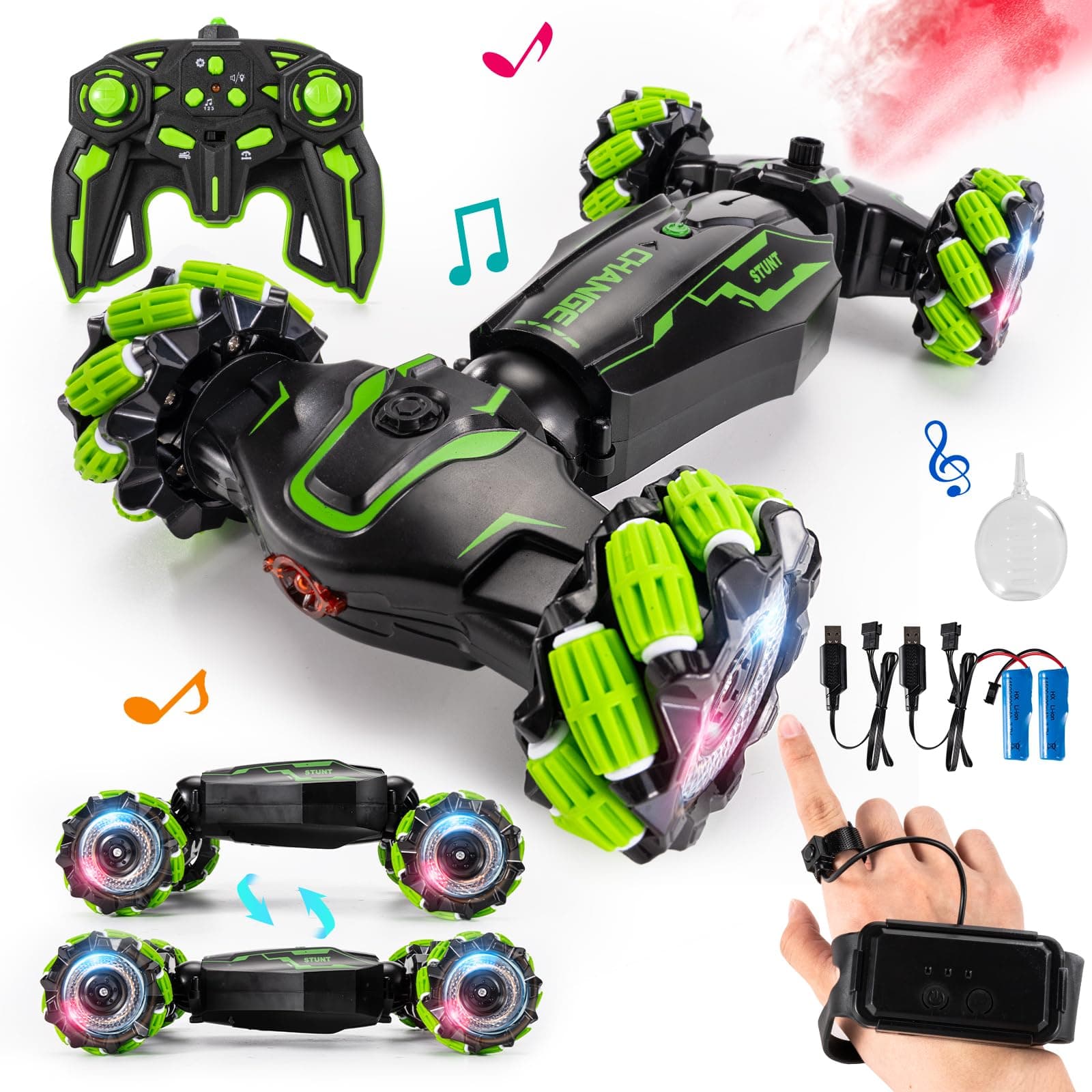 4WD Remote Control Gesture Sensor Car,Hand Controlled RC Stunt Car,Double-Sided Vehicle 360° Rotation with Light and Music Spray, Watch Toy Cars for Boys & Girls Birthday