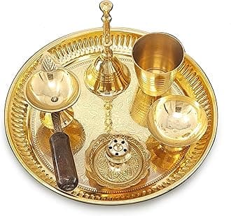 Brass Pooja Thali Set 6 Inch Puja Thali with Pital Plate Glass Chandan Wati Dhup Dan Diya Bell Arti Thali for Diwali Home Office Mandir Wedding Return Gift Items