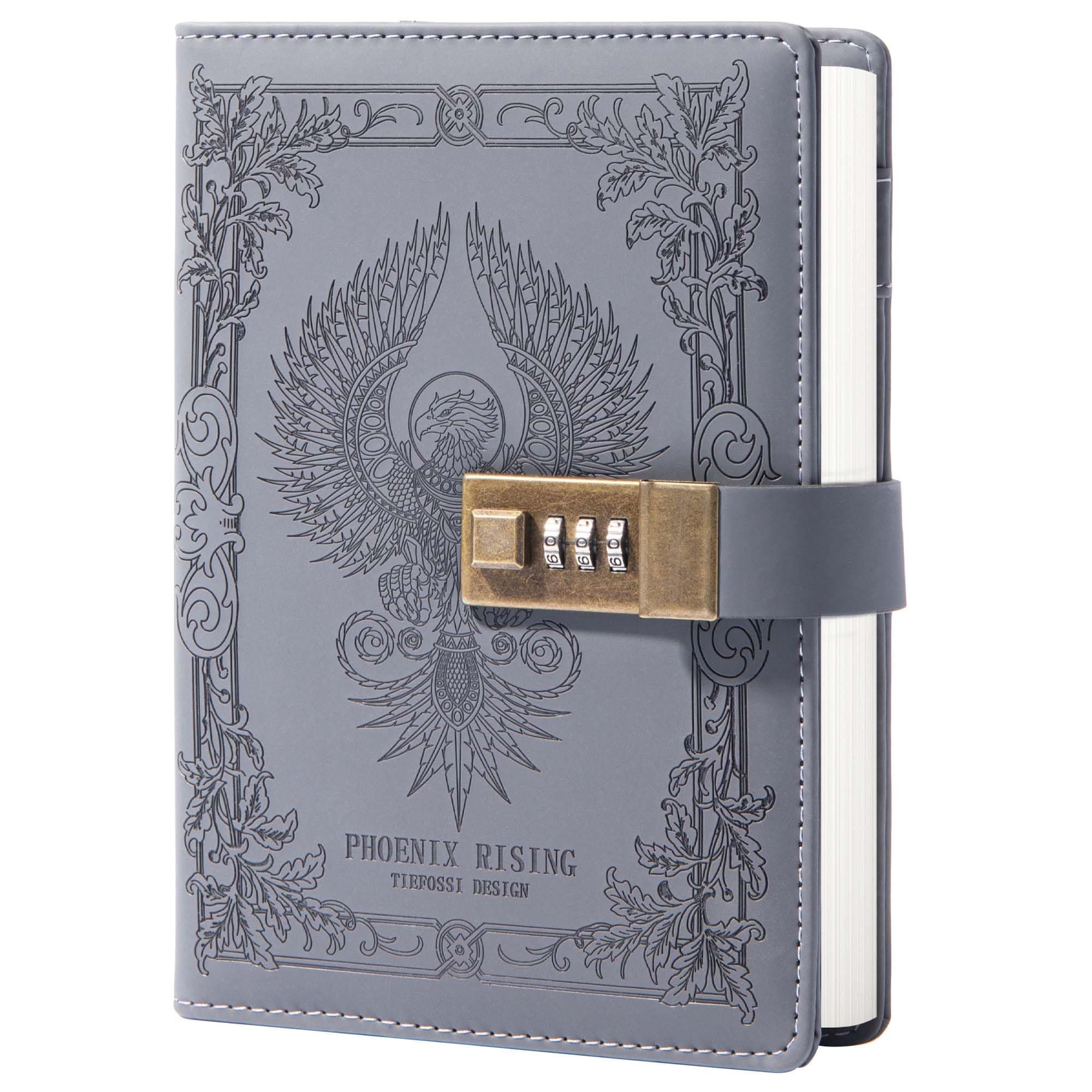 Phoenix Journal Notebook with Lock, Vintage Leather Locked Diary, B6 Travel Refillable Ruled Lined Writing Paper, Secret Password Gift Diary for Women Girls Boys