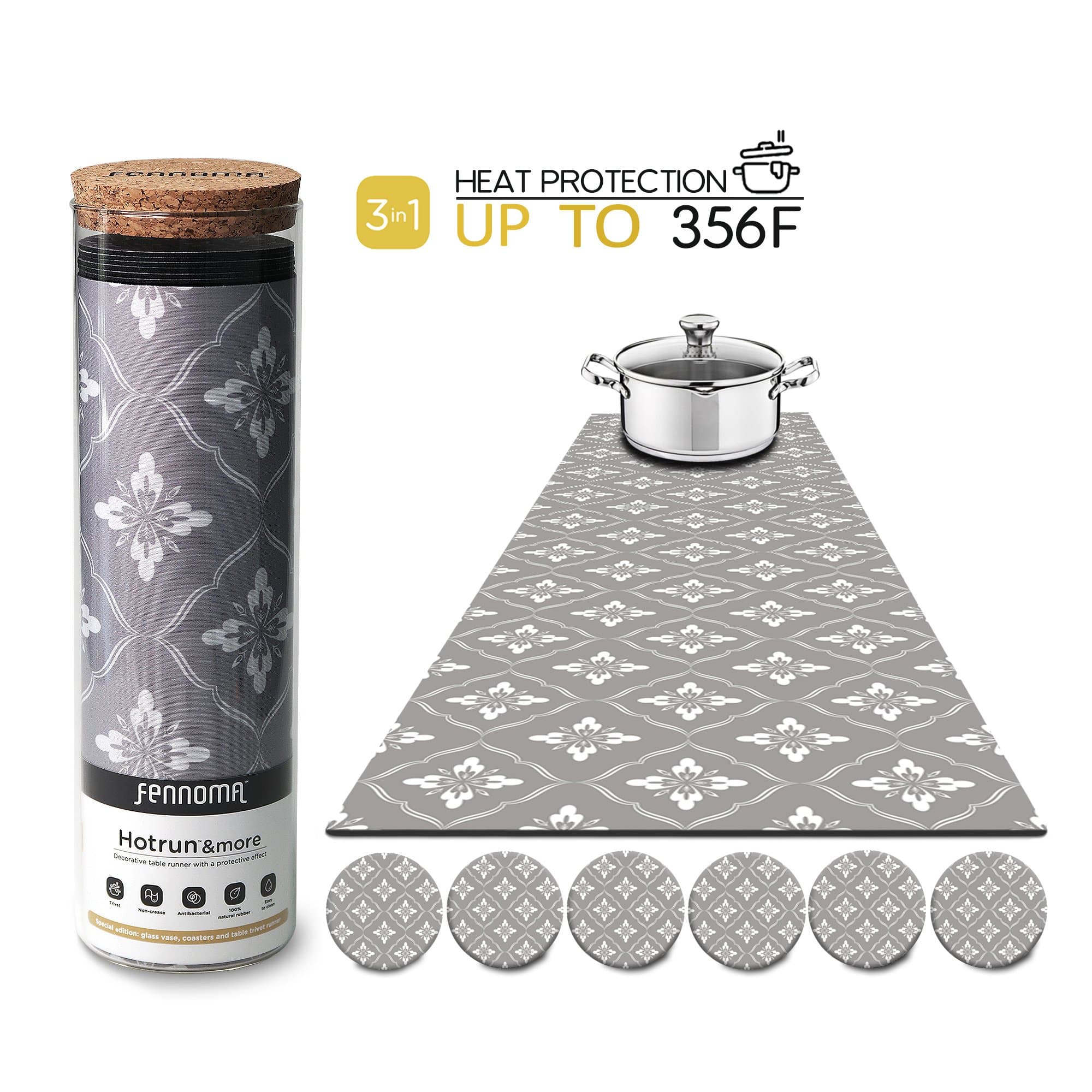 Hotrun - 3 in 1 - Trivet and Decorative Table Runner With Coasters (6 pcs) Handles Heat Up to 356F, Anti Slip, Waterproof, and Convenient for Hot Dishes and Pots + Glass Vase (Floral gray)