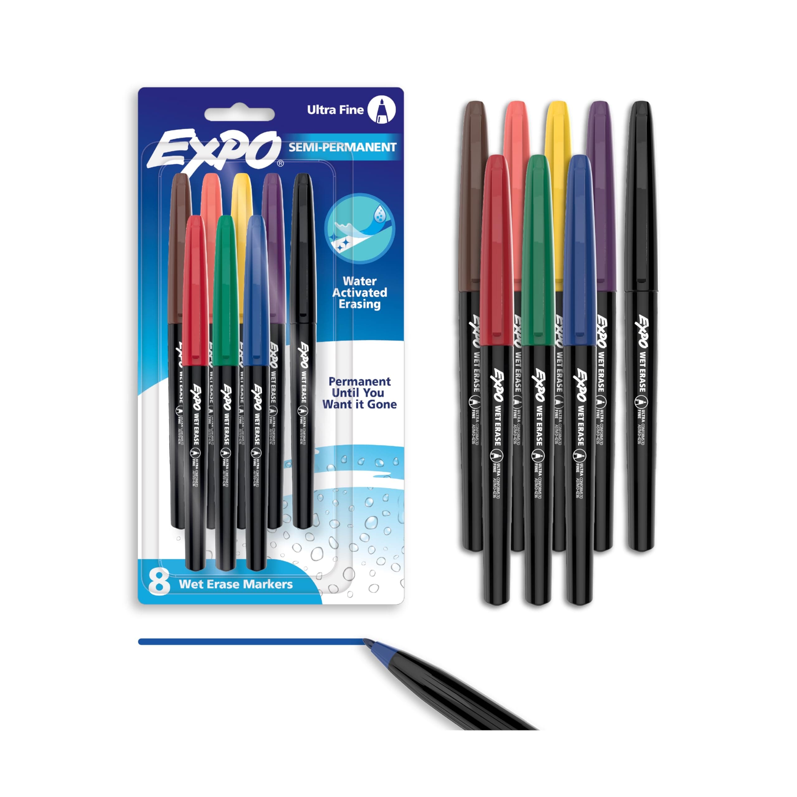 EXPO Vis-a-Vis Wet Erase Marker Set, Fine Tip, Assorted Colors, 8 Count