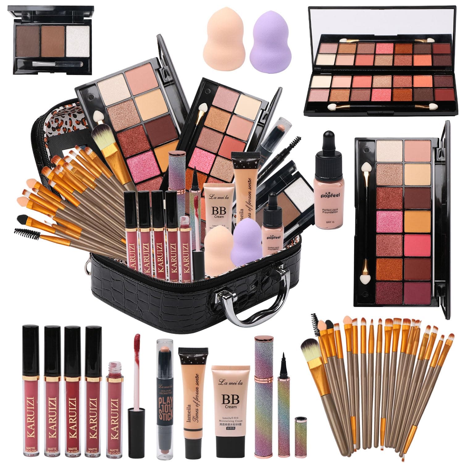 All in One Makeup Set for Makeup Storage Bag, 2 x 14 Colors Eyeshadow Palette Liquid Foundation Eyeliner Pencils Contouring Pen Lip Gloss 20pcs Makeup Brushes for Women