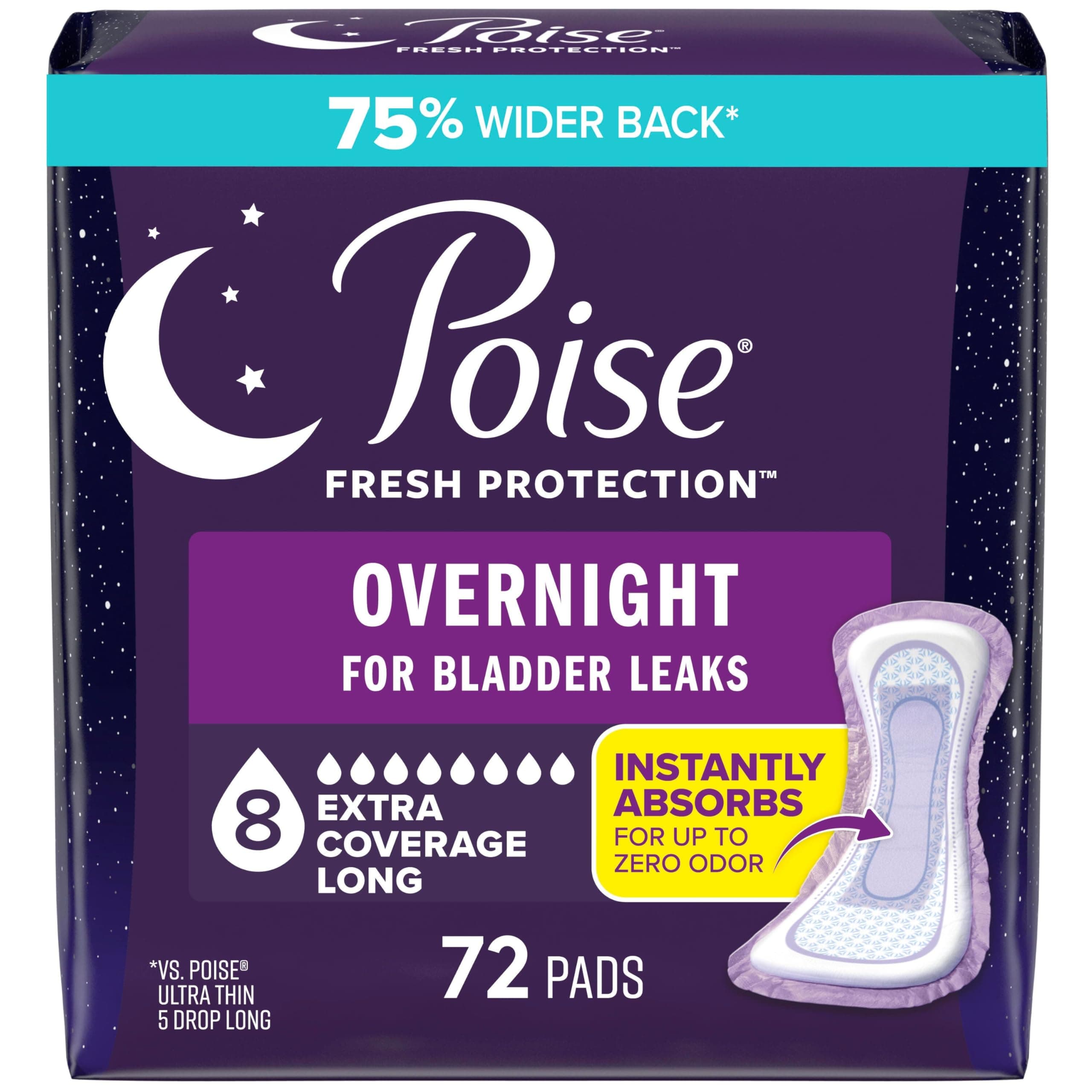 Poise Overnight Incontinence Pads Ultimate Absorbency Extra Coverage, 72 Count