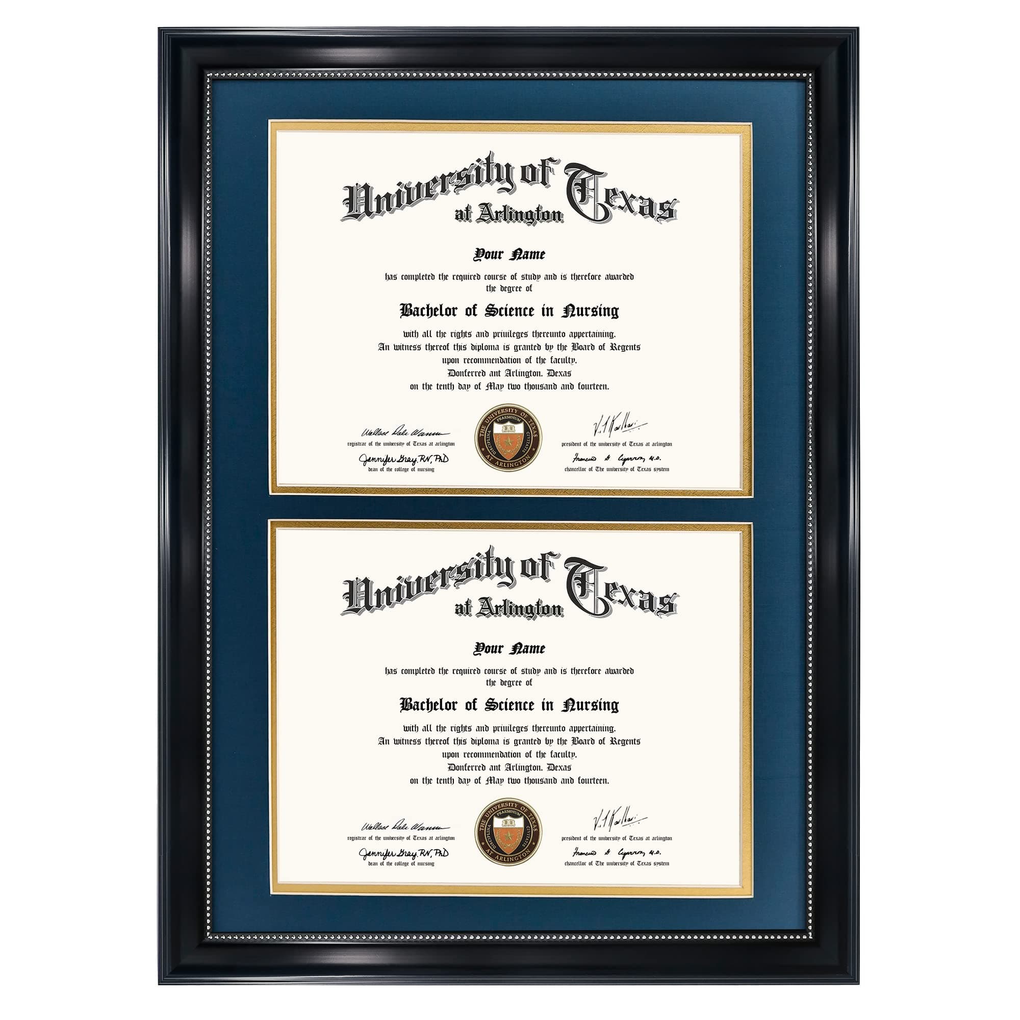 GraduationMall 14x20 Double Diploma Frame, Display 8.5x11 Certificate with Navy over Gold Mat,UV Protection Acrylic,Black with Silver Beads