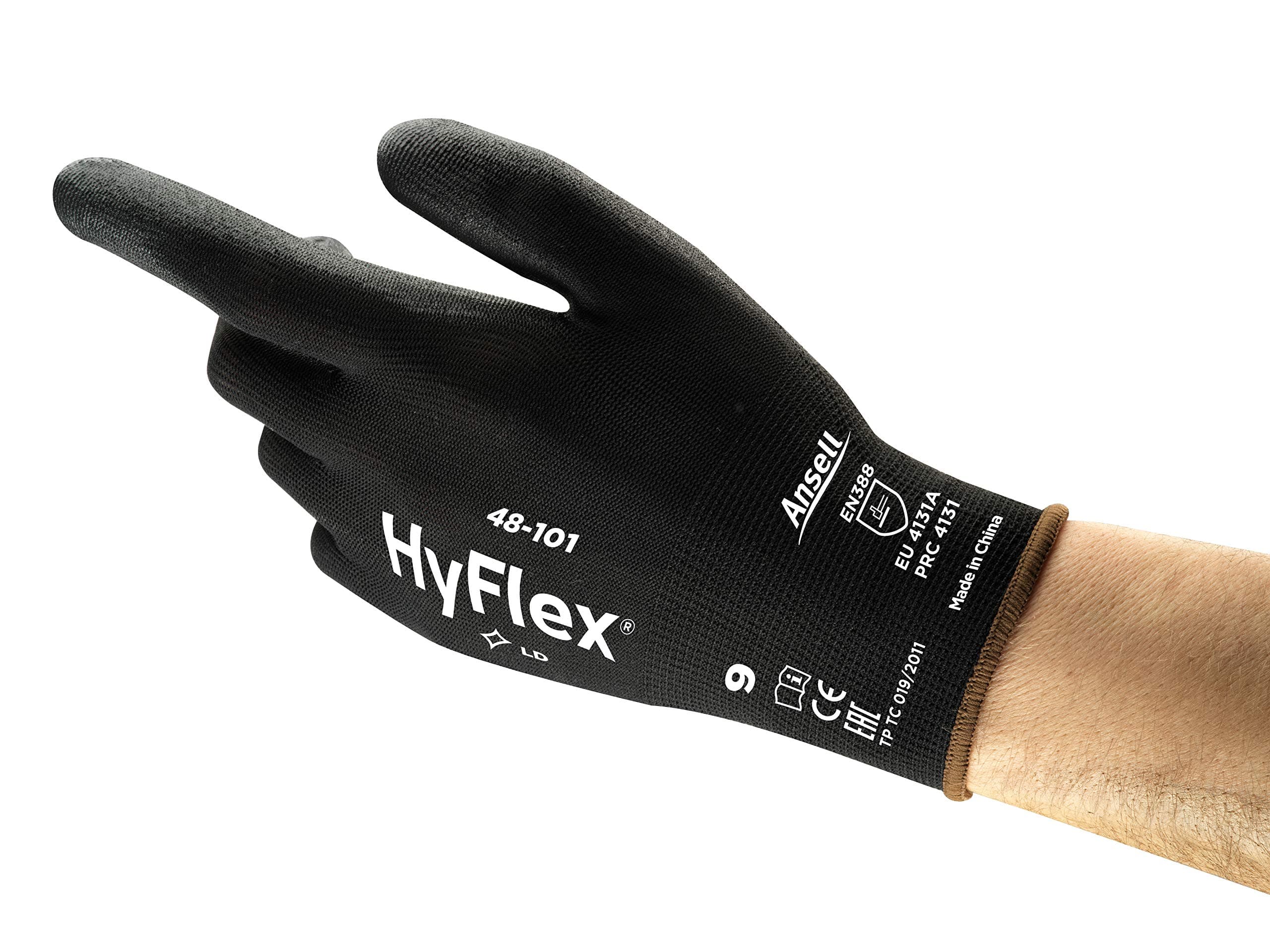 Ansell HyFlex 48-101 Thin Work Gloves, Stretch Fit Nylon Liner with Flexible PU Coating, Lightweight Safety Gloves for Precision Handling, DIY and Mechanics, Black, Size 2XL (12 Pairs)