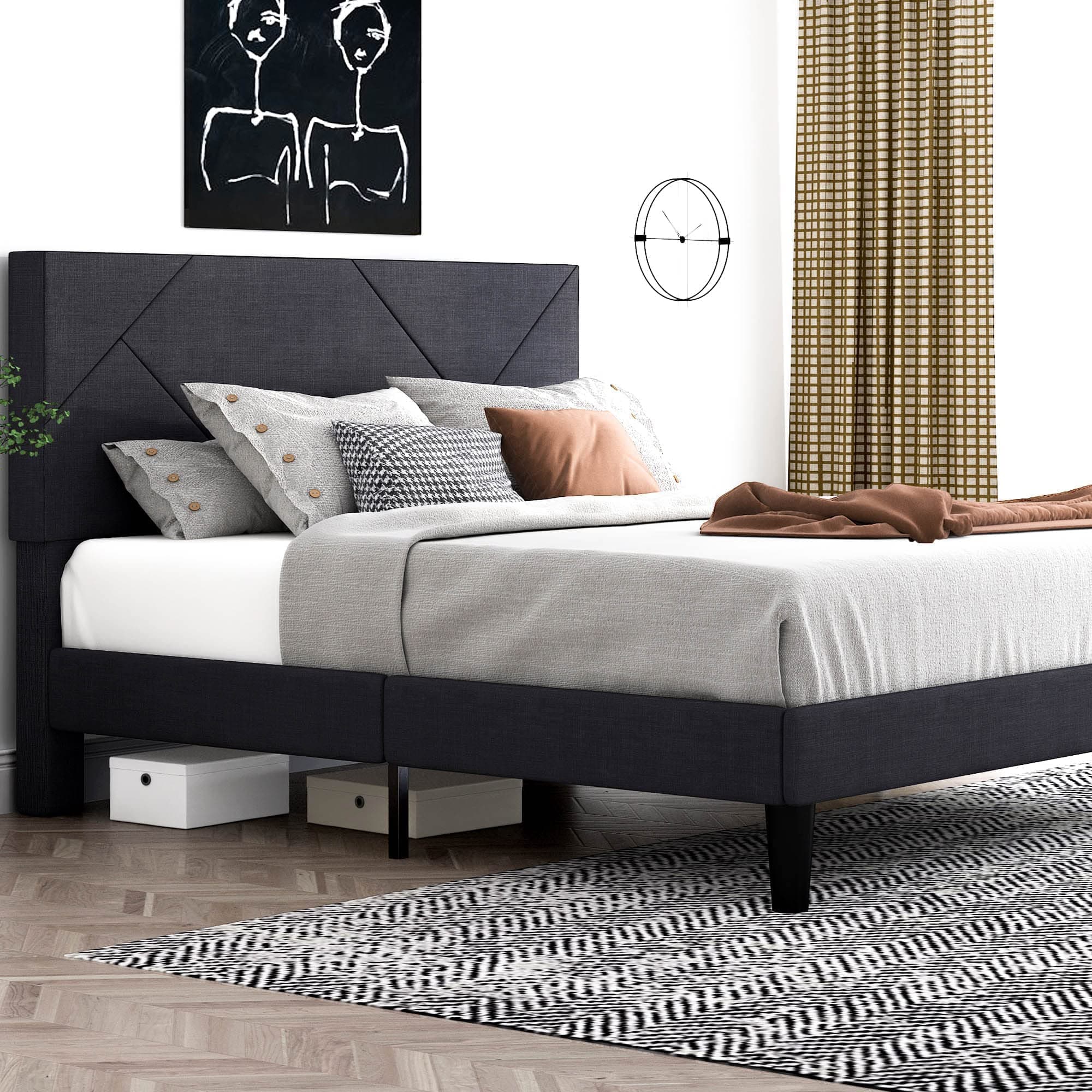 IMUsee King Size Bed Frame with Geometric Headboard, Linen Upholstered Platform Bed with Under-Bed Storage Space, Mattress Foundation with Wooden Slats, Easy Assembly, Box Spring Optional, Dark Grey