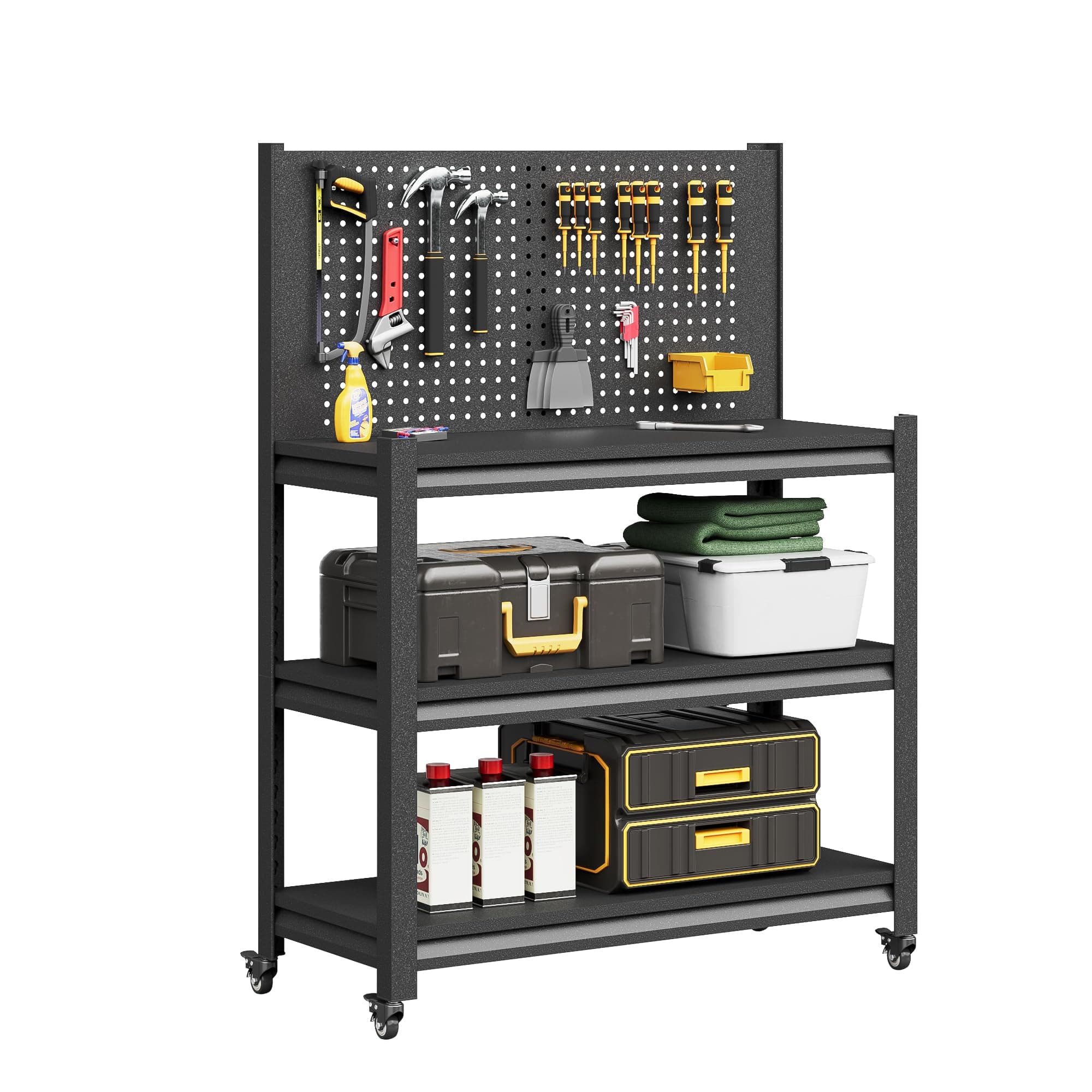 Workbench with Pegboard, Adjustable Heavy Duty Work Table with Wheels, Heavy Duty Workstation, Metal Tool Work Bench for Garage Warehouse Workshop, 48" H x 18" D x 34" W, Black