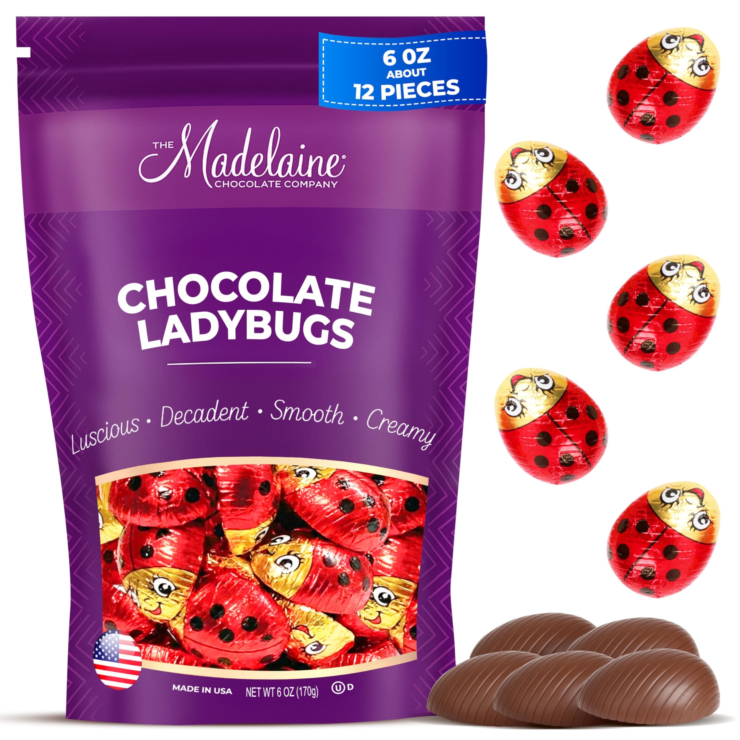 Madelaine Solid Premium Milk Chocolate Lady Bugs - Red Candy Party Favors Red & Black (6 Oz)