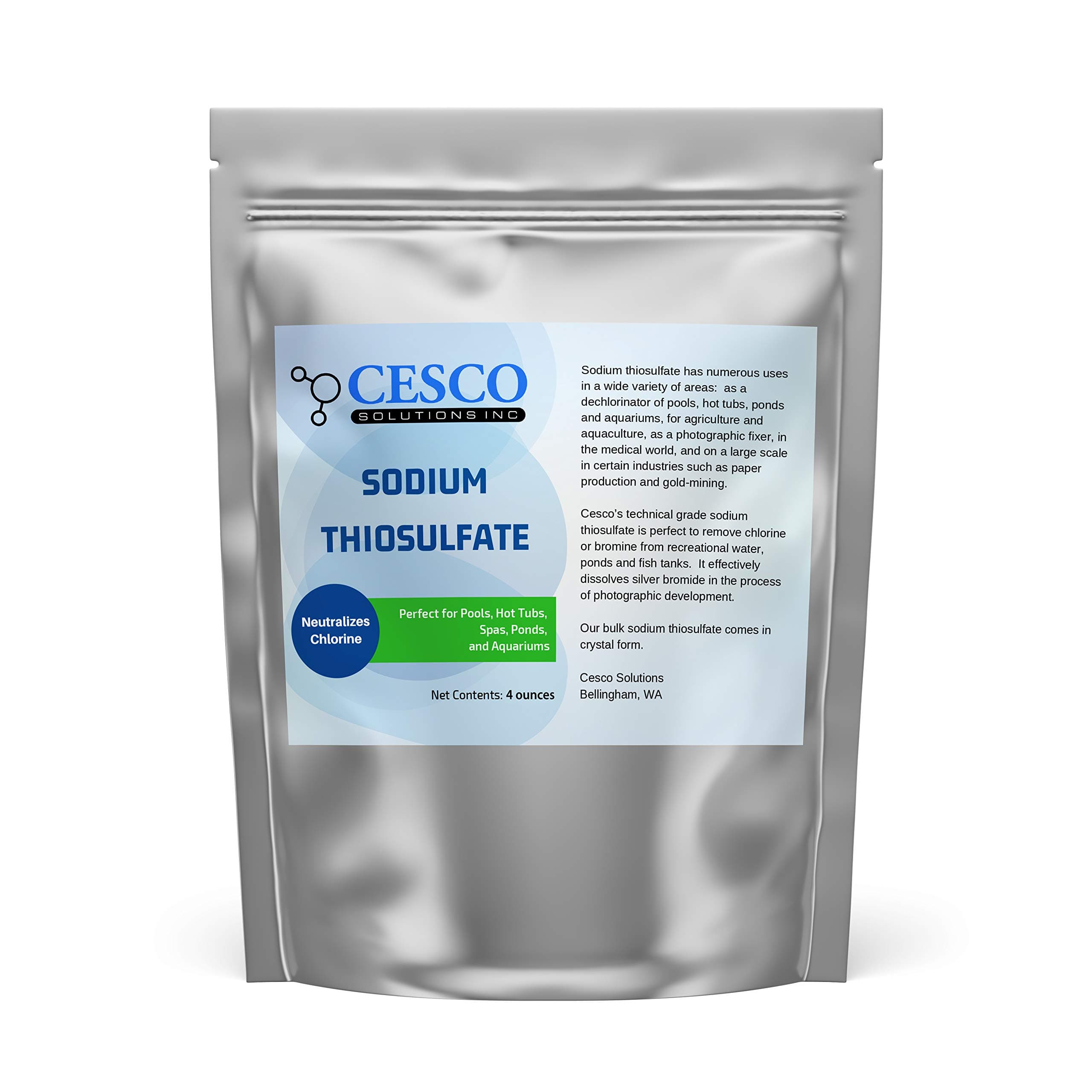 Pool Dechlorinator Sodium Thiosulfate Pentahydrate 4 oz by Cesco Solutions - Premium Chlorine Neutralizer for Pools, Aquarium, Pond - Technical-Grade Chlorine Remover for Hot Tubs - Bulk Package