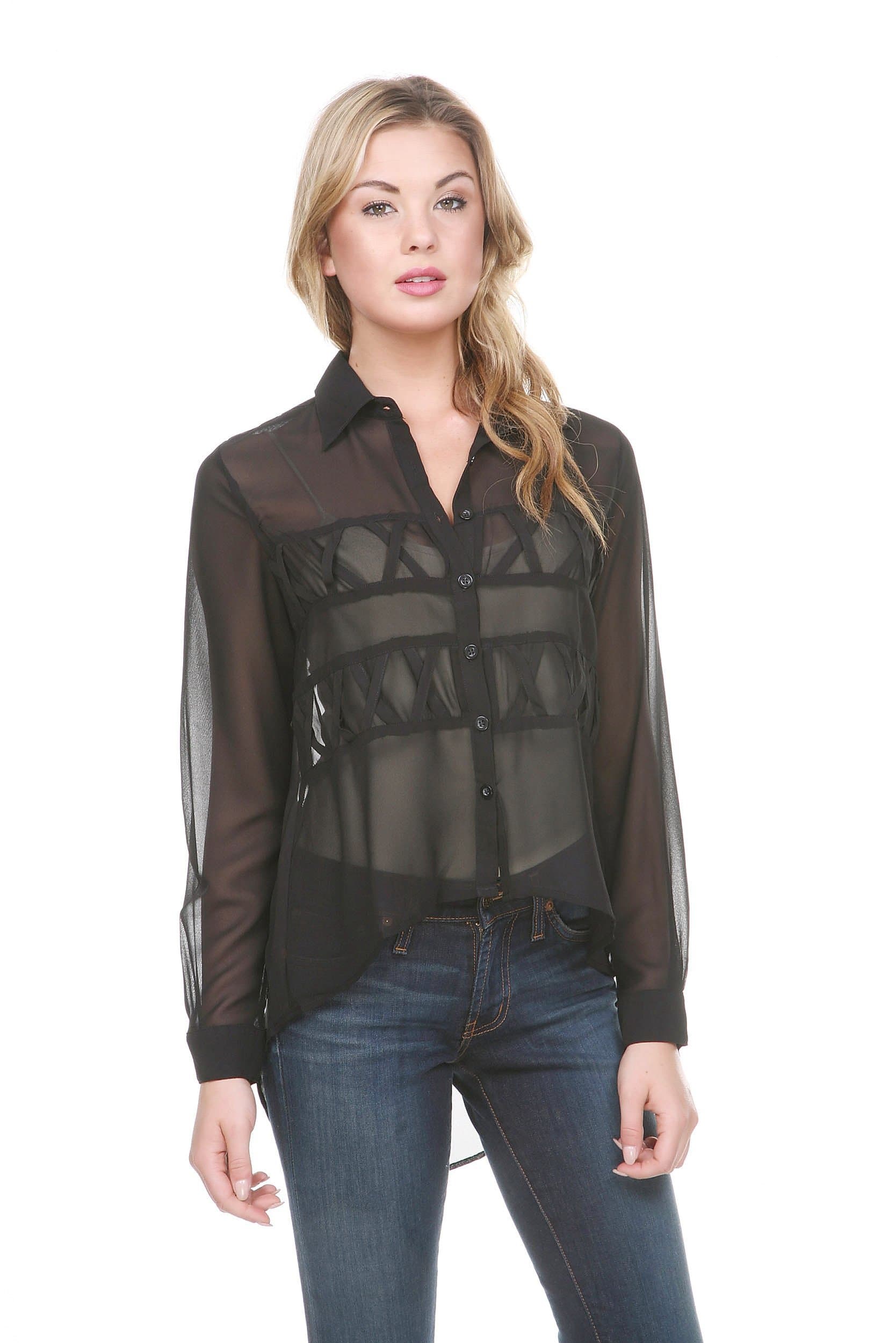 Stanzino Women's High Low Button Down Chiffon Top