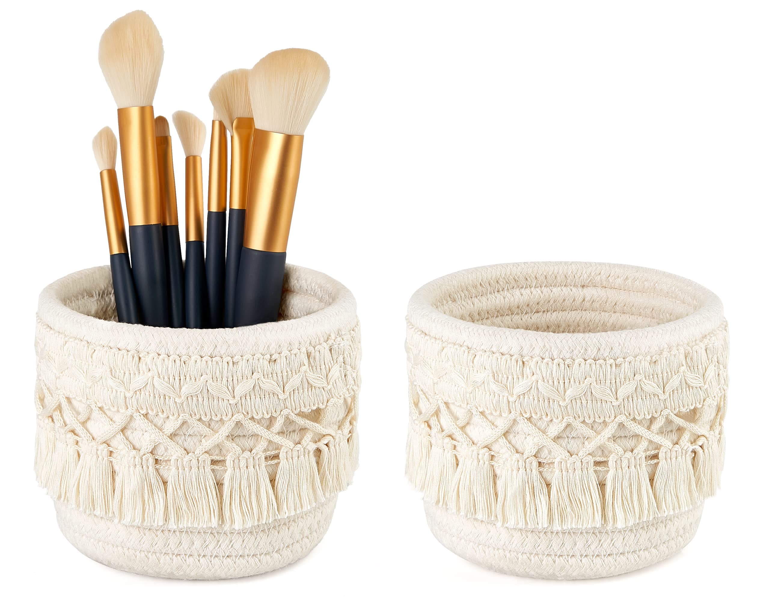 Macrame Makeup Brush Holder Organizer Comb Brushes Mini Storage Basket Set of 2 Boho Decor Baskets for Pen Pencil Box Container ,Ivory