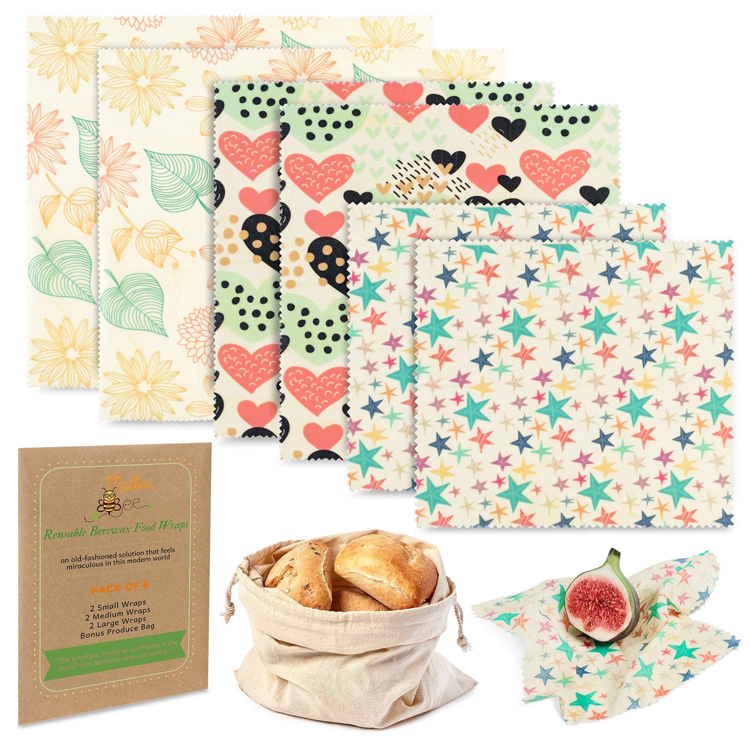 Reusable Beeswax Food Storage Wraps - 6 Pack - Eco-Friendly Wax Sandwich Wrap and Bowl Cover - Healthy Alternative To Saran Wrap - 2 Large, 2 Medium, 2 Small, 1 Cotton Produce Bag