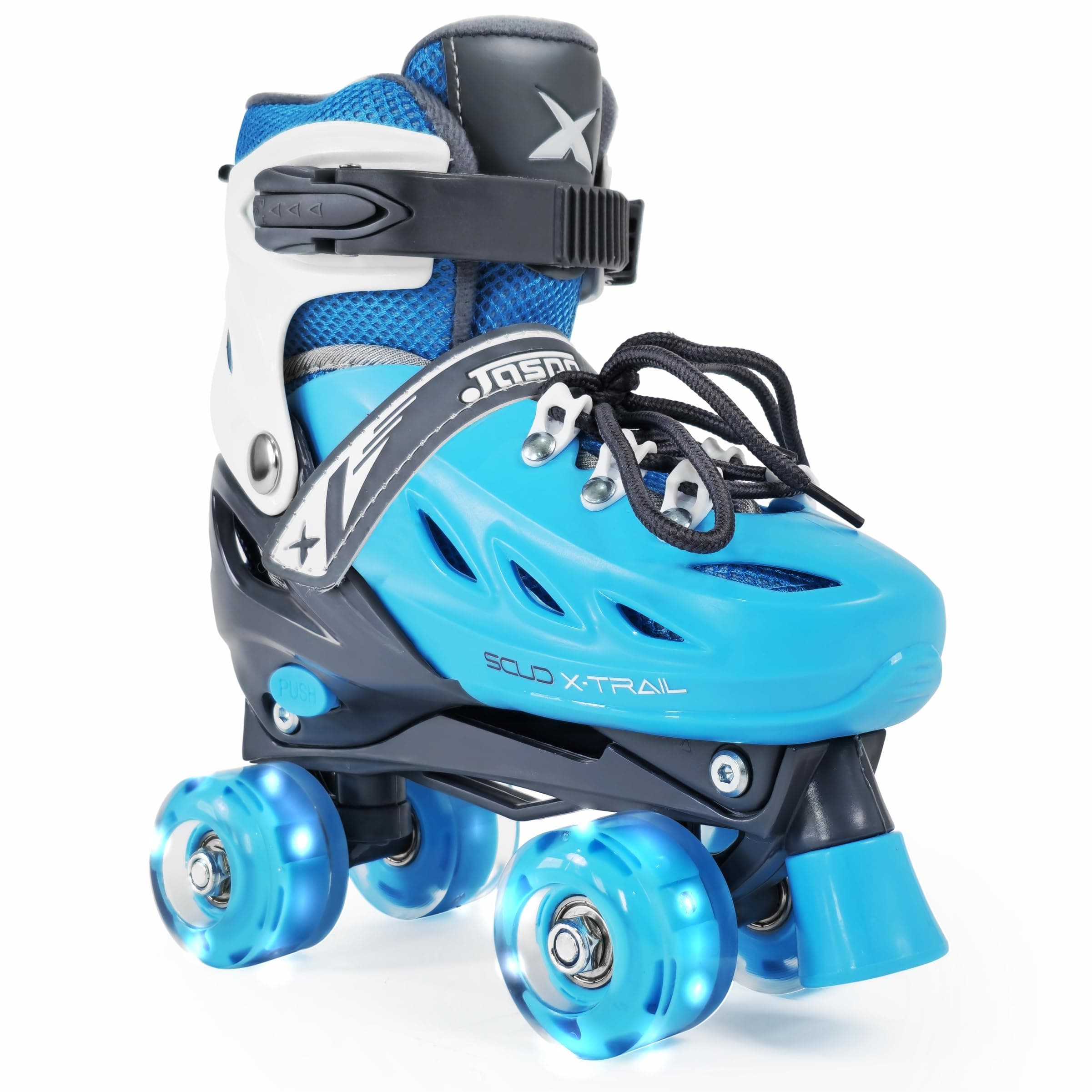 Scud X Trail Adjustable Quad Roller Skates with LED Wheels, Best for Beginners and Intermediate Skaters with All Shiny Illuminating PU Wheels for Kids Boys Girls Teens Adults, Blue S
