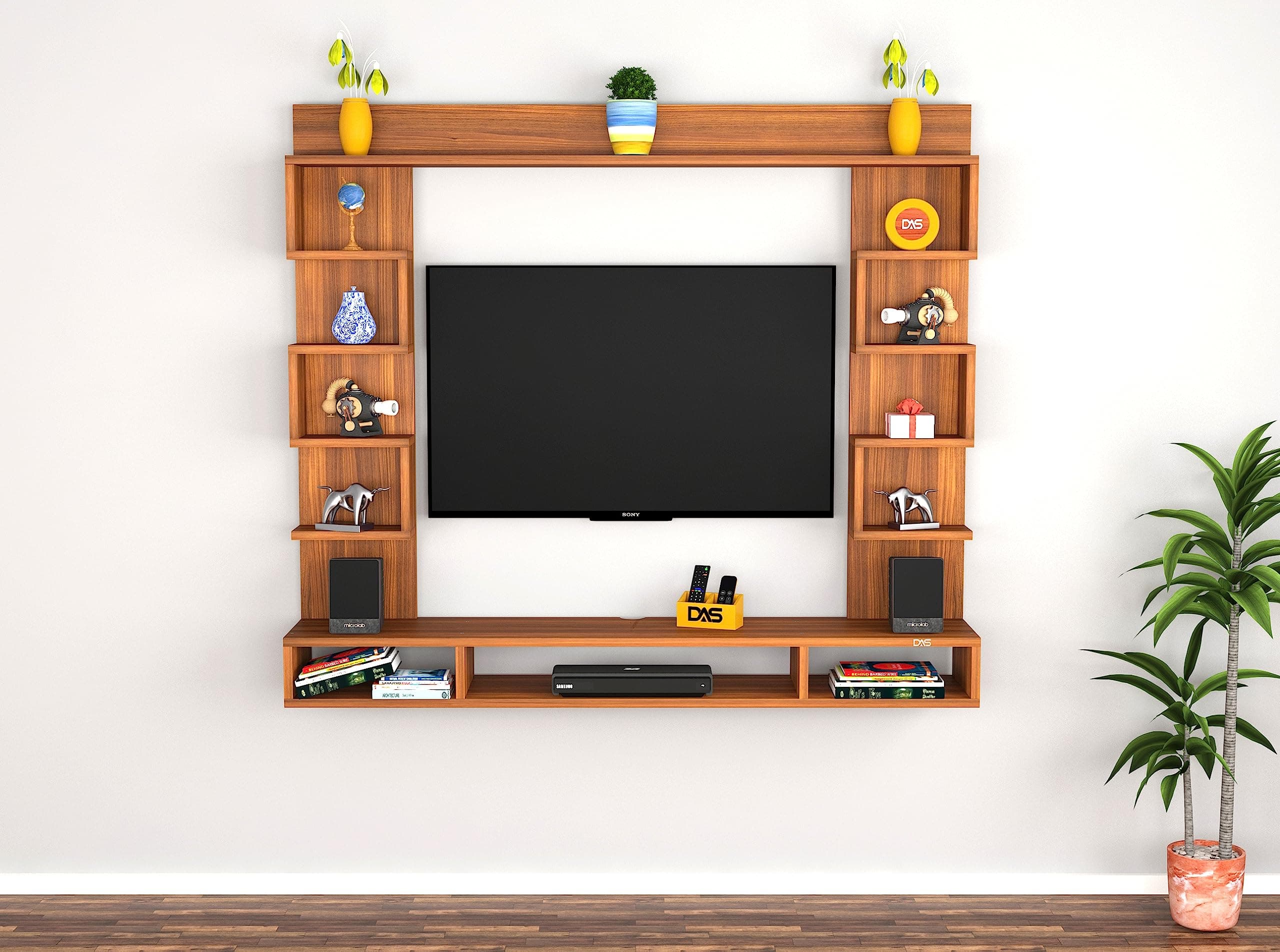 DAS HELLER MINI Wall Mount Engineered Wood TV Entertainment Unit/Tv Rack Set to Box Stand with wall shelves for Living Room Classic Walnut Finish (Ideal for up to 32") Screen