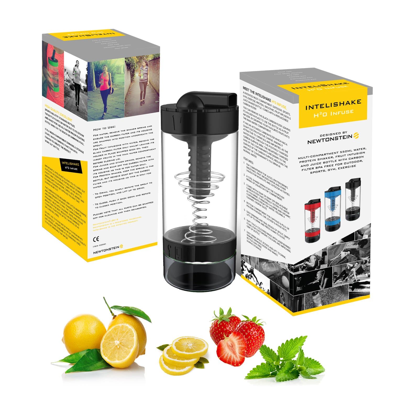 Intelishake H20 INFUSE - Black Forest - Multi-Compartment 550ml Water, Protein shaker, Fruit Infusion and Juice bottle with carbon filter BPA Free for outdoor, sports, gym, exercise