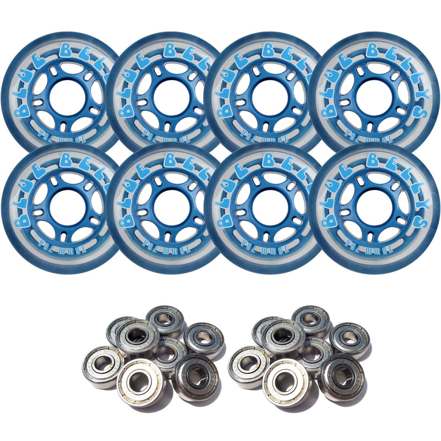 Blue BELLYS 76mm 78a Roller Inline Skate Wheels with ABEC 5 Bearings