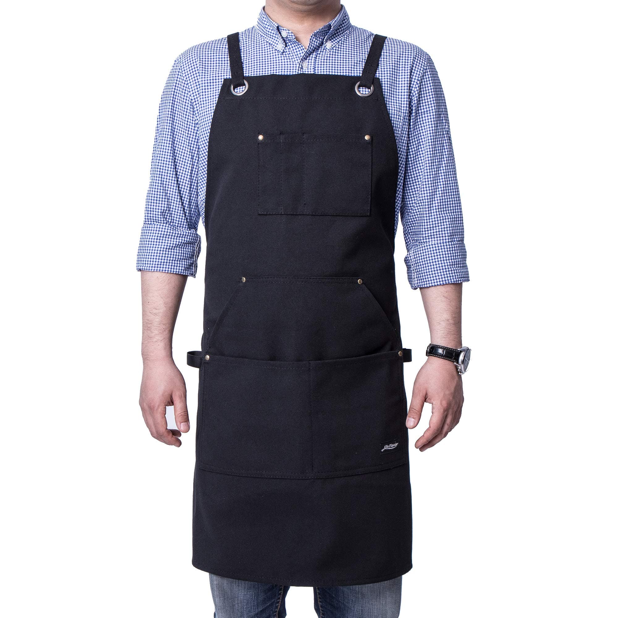 Heavy Duty Canvas Work Apron,Tool Pockets, Back Straps Adjustable（black）