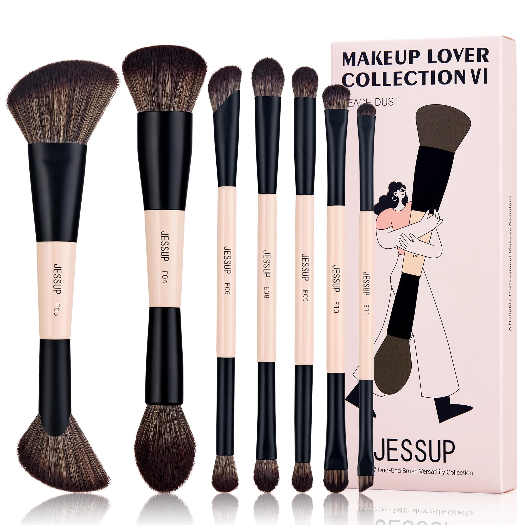 Jessup Makeup Brushes Set 14-in-7 Double Sided Makeup Brushes for Foundation Concealer Blush Eyeshadow Contour Bronzer Powder Blending Eyebrow Eyeliner, Cruelty-Free Make up Brushes Peach Dust T600