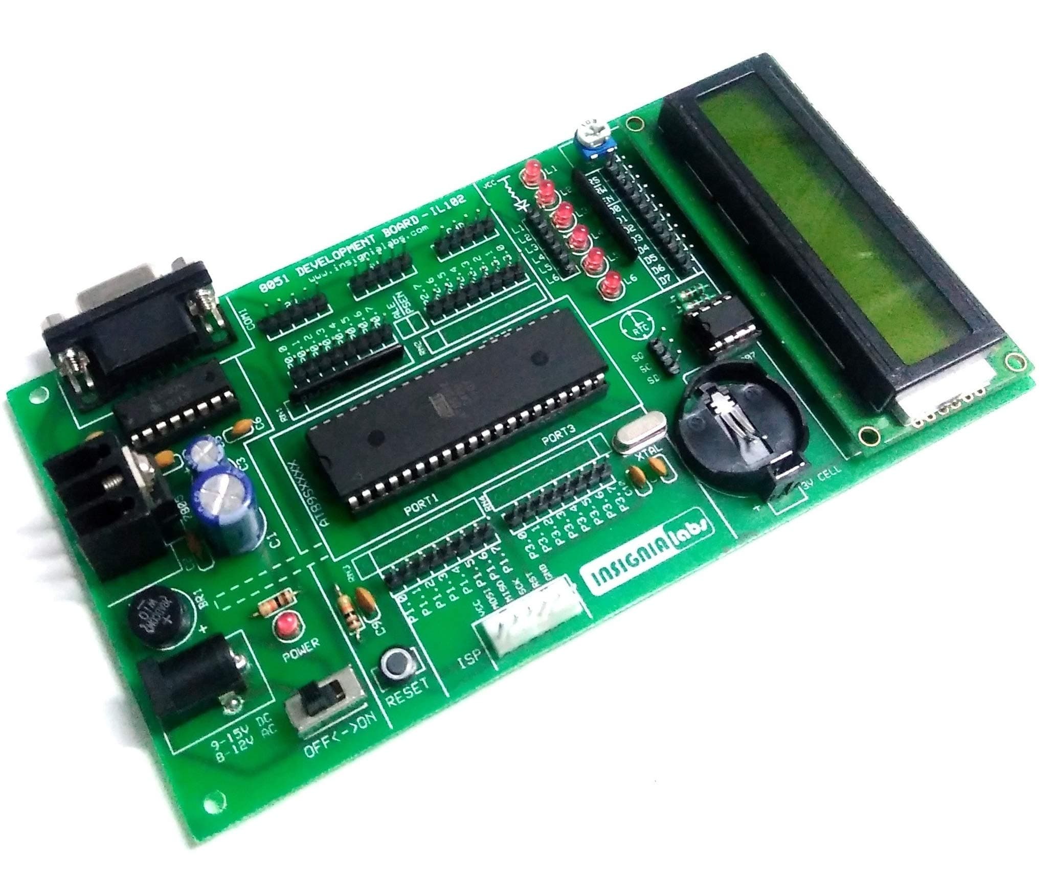 INSIGNIA LABS - ATMEL 8051 Project Development Board with 16x2 LCD, AT89S52, DS1307 Clock, MAX232 (Supports AT89SXX, P89V51RD2, SST89E516RD)