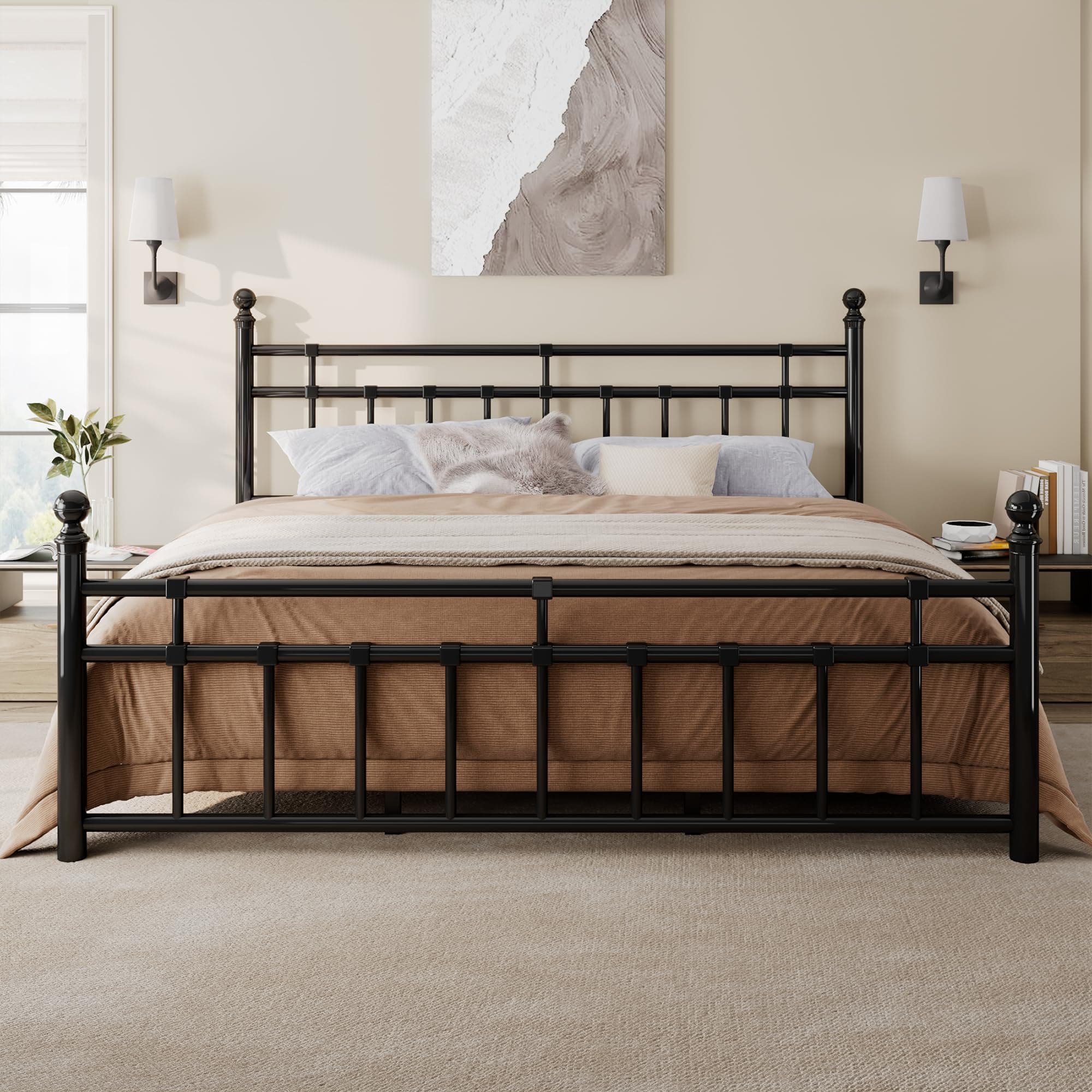 King Size Metal Bed Frame, Platform Bed with Classic Wrought Iron-Art Headboard and Footboard, 12" Underbed Space, No Box Spring Needed, Easy Assembly, Noise-Free, Black