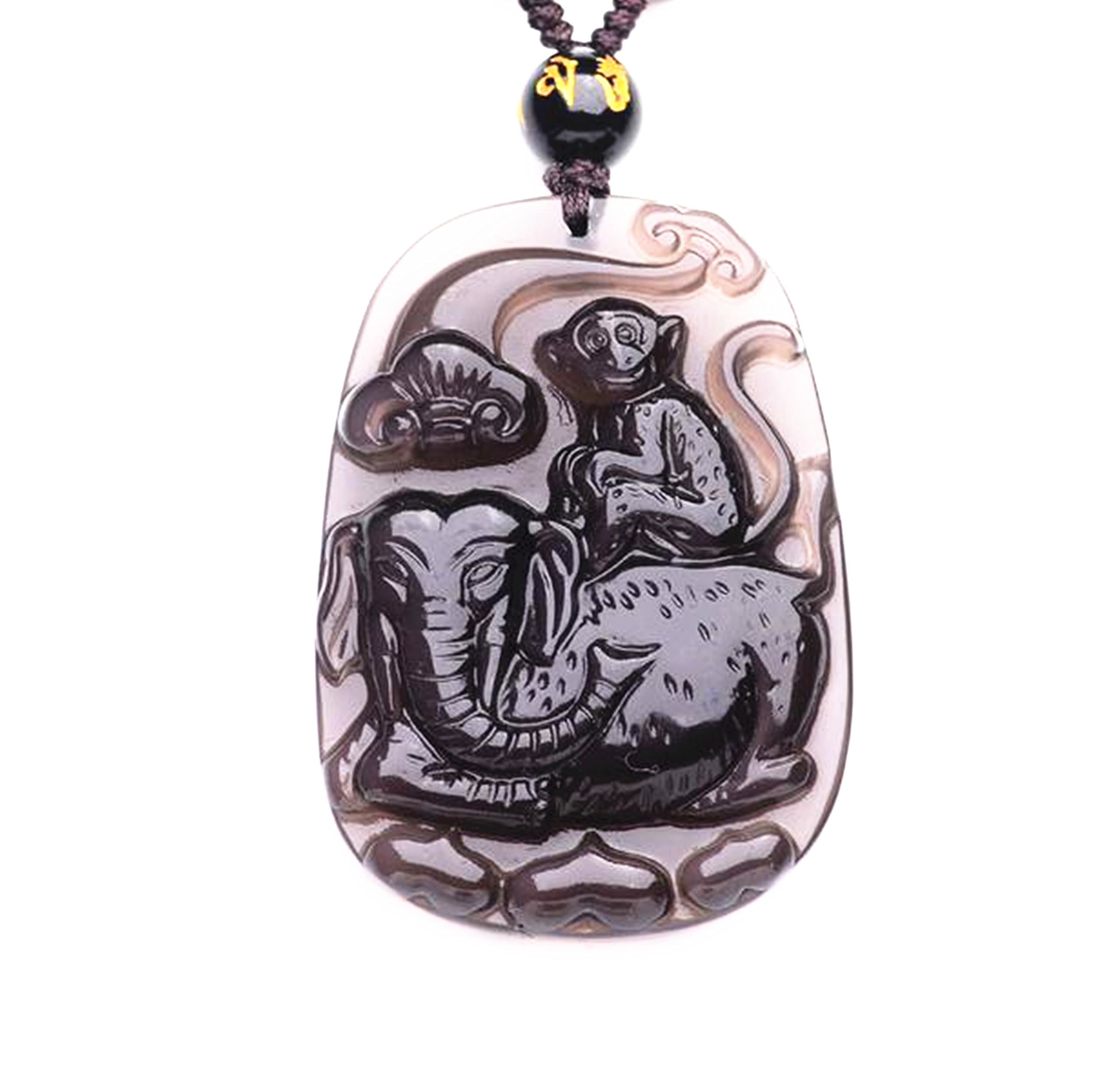 chinese monkey Year Natural Obsidian stone Monkey with Elephant Charm Good Luck Pendant beaded Necklace