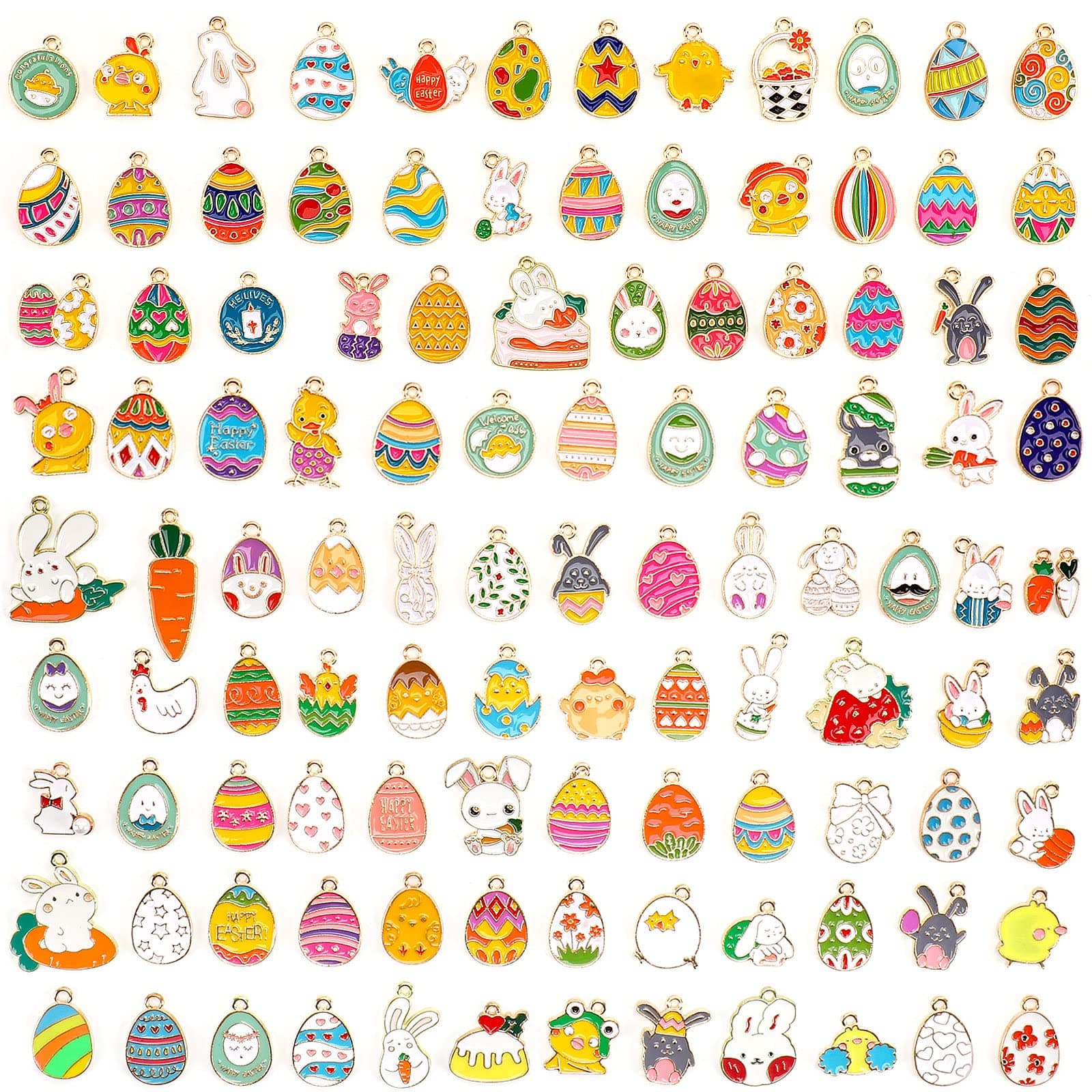 SANNIX 110Pcs Easter Charms, Easter Charms for Jewelry Making, Assorted Egg Chick Bunny Rabbit Bulk Gold Enamel Charm Spring Pendants for Crafts Bracelet Necklace Earrings