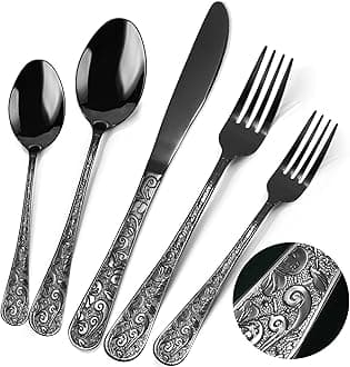 Meythway 40-Piece Vintage Carved Black Silverware Set for 8, Stainless Steel Flatware Set with Knife/Fork/Spoon, Cutlery Set for Home and Kitchen, Utensil Set with Dishwasher Safe
