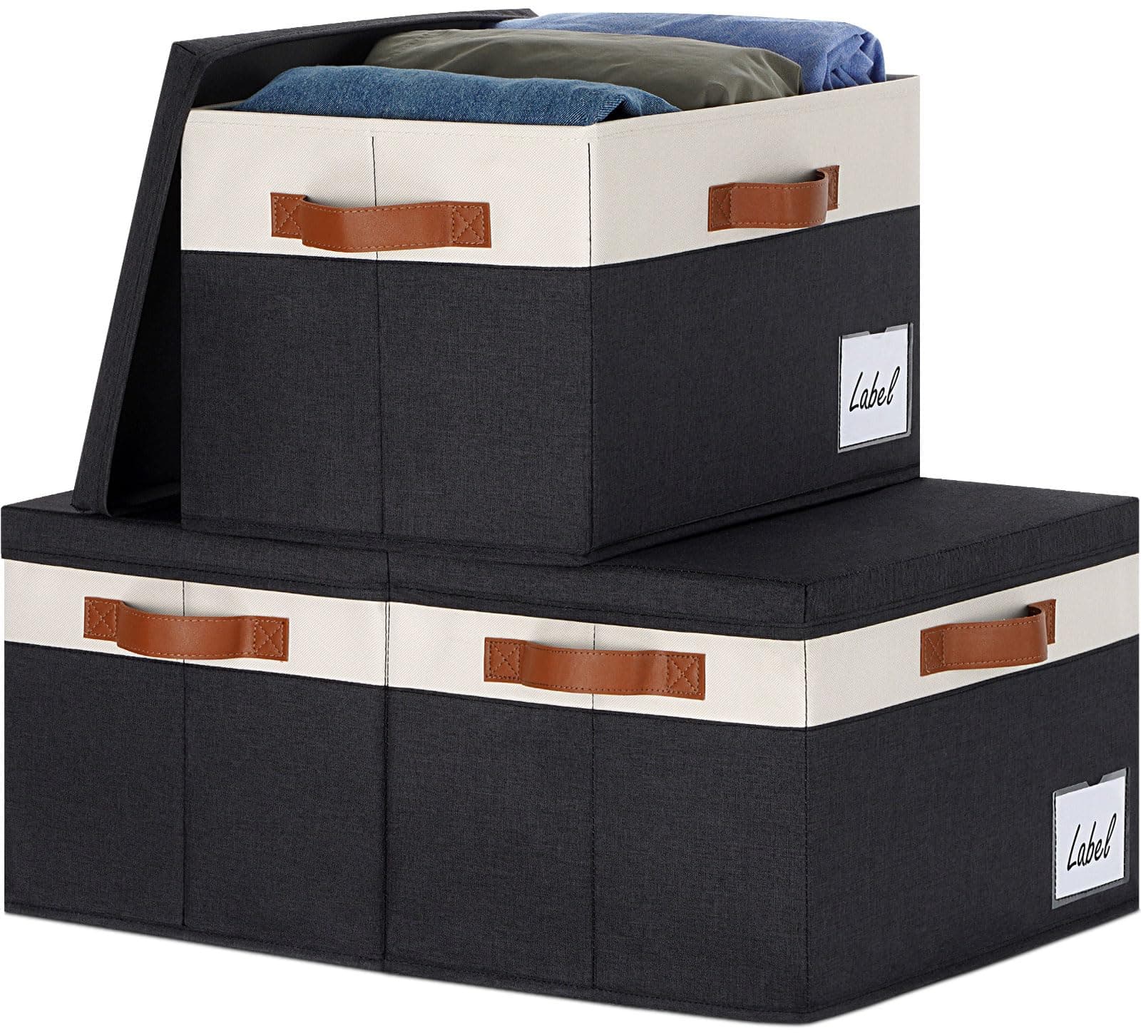 GhvyenntteS Large Storage Bins with Lids (3 Pack), Storage Baskets with Lid and Label Window, Foldable Fabric Storage Boxes with 3 Handles for Home Office College Dorms (Black, 15" x 11" x 9.7")