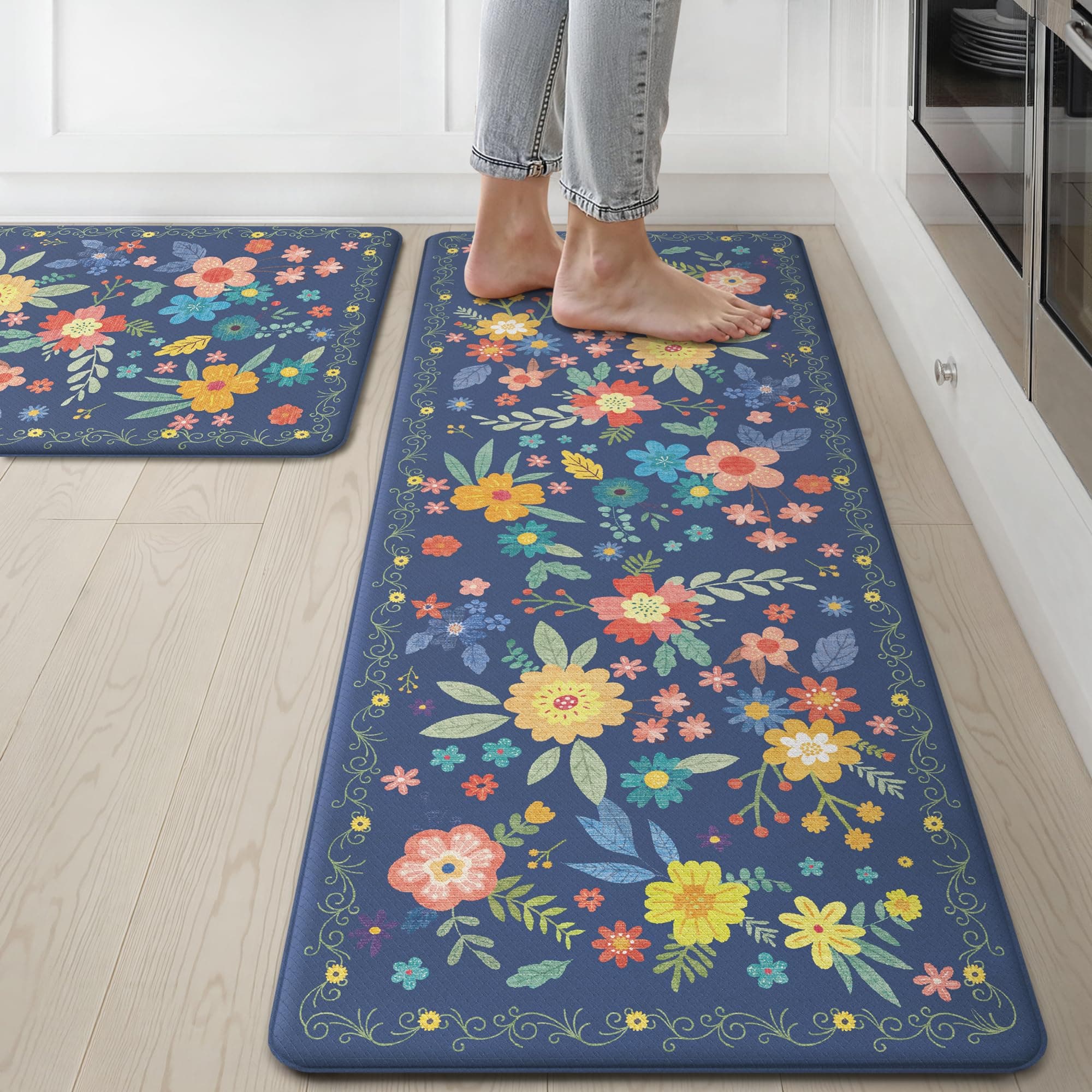 GENIMO Kitchen Mats for Floor 2PCS, Cushioned Kitchen Rugs Non Slip Washable, Farmhouse Anti Fatigue Mat Waterproof, Comfort Standing Mat Rug for Office, Home, Laundry, 17.3"x47"+17.3"x30", Navy