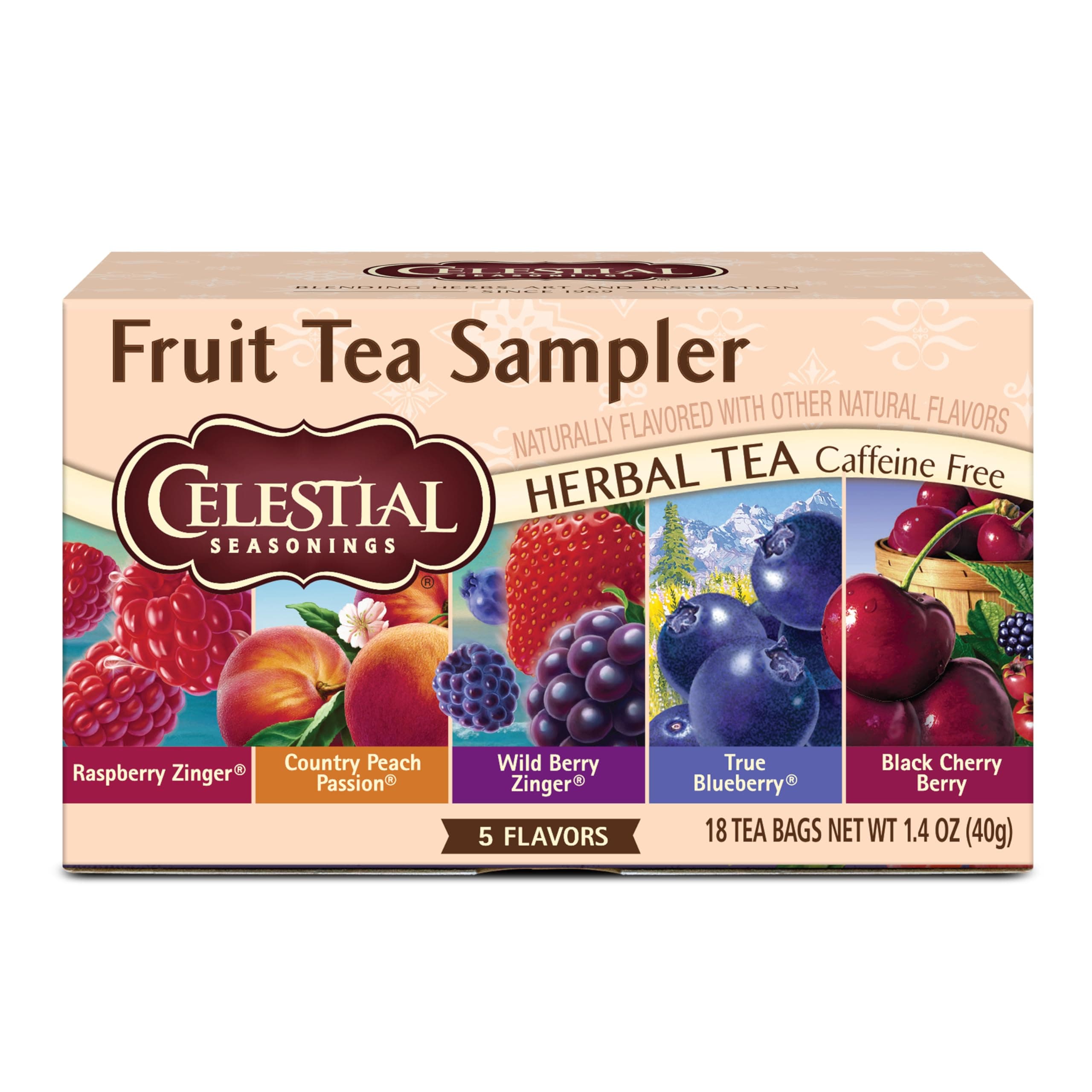 Celestial Seasonings Herbal Tea Fruit Sampler Pack | Raspberry Zinger, Wild Berry Zinger, True Blueberry, Black Cherry Berry & Country Peach Passion | Caffeine Free | 18 Tea Bags